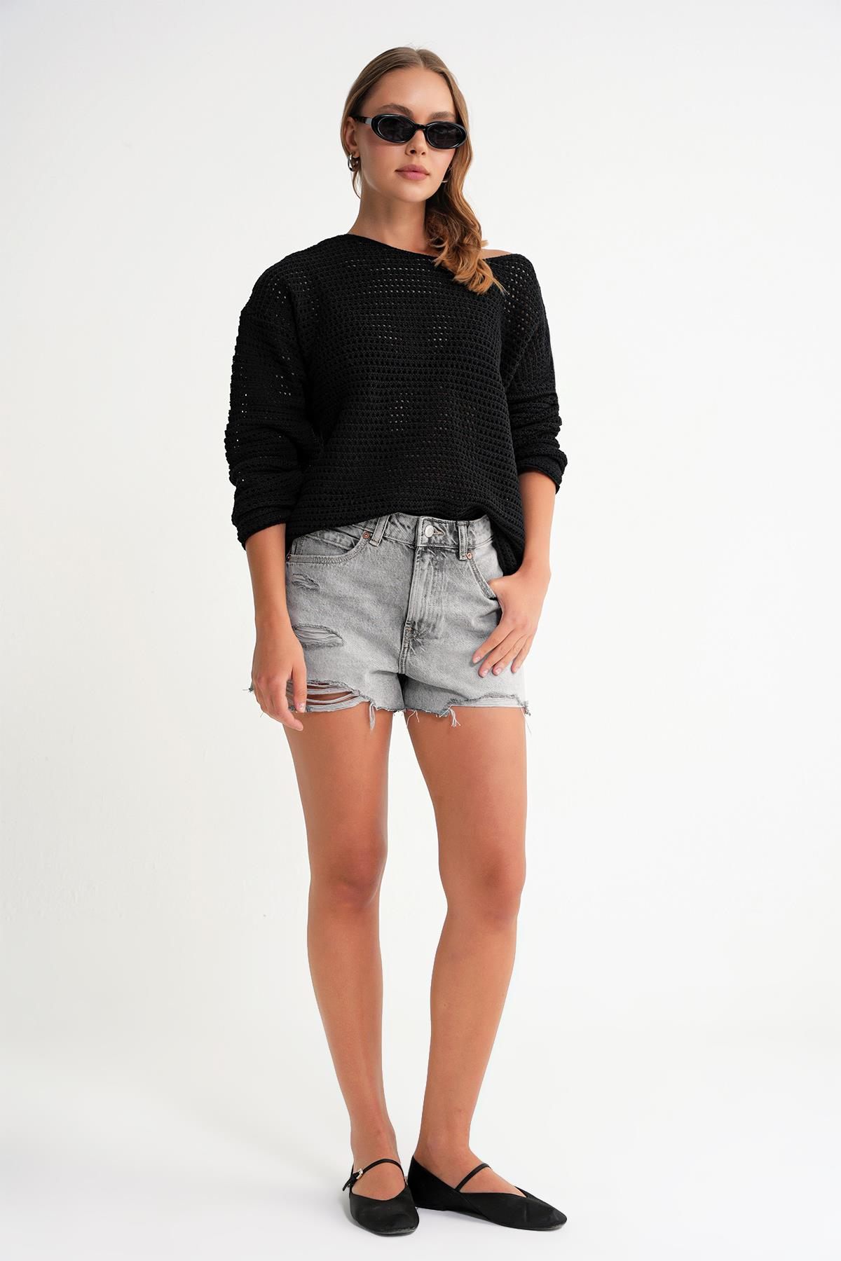 6942 Kadın Kayık Yaka  Mevsimlik  Ajurlu Kazak Siyah