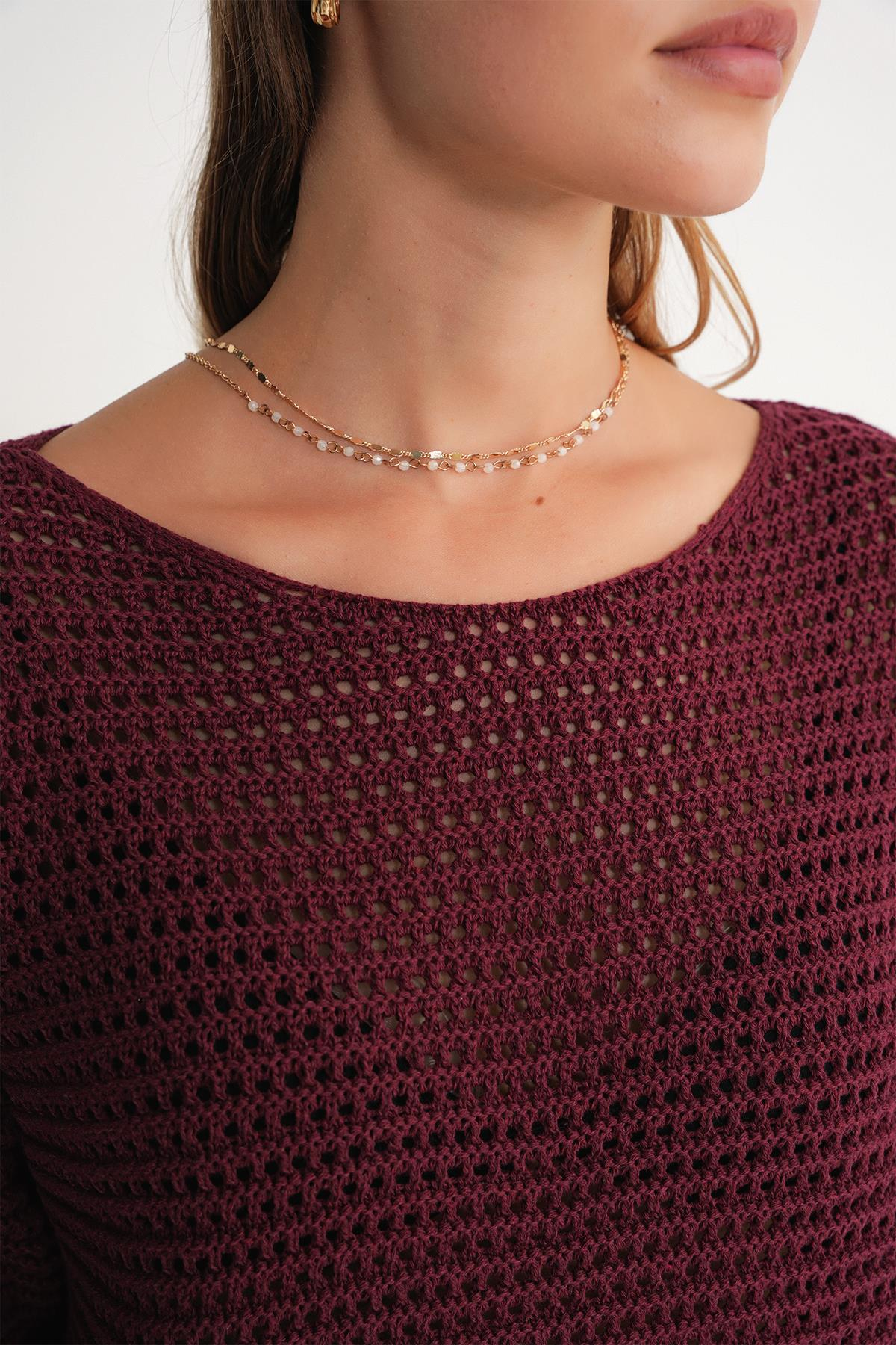 6942 Kadın Kayık Yaka  Mevsimlik  Ajurlu Kazak Bordo