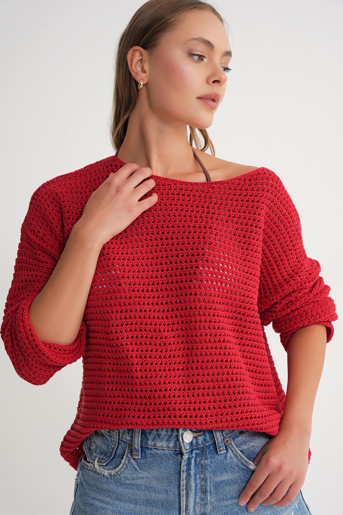 6942 Kadın Kayık Yaka  Mevsimlik  Ajurlu Kazak Kırmızı