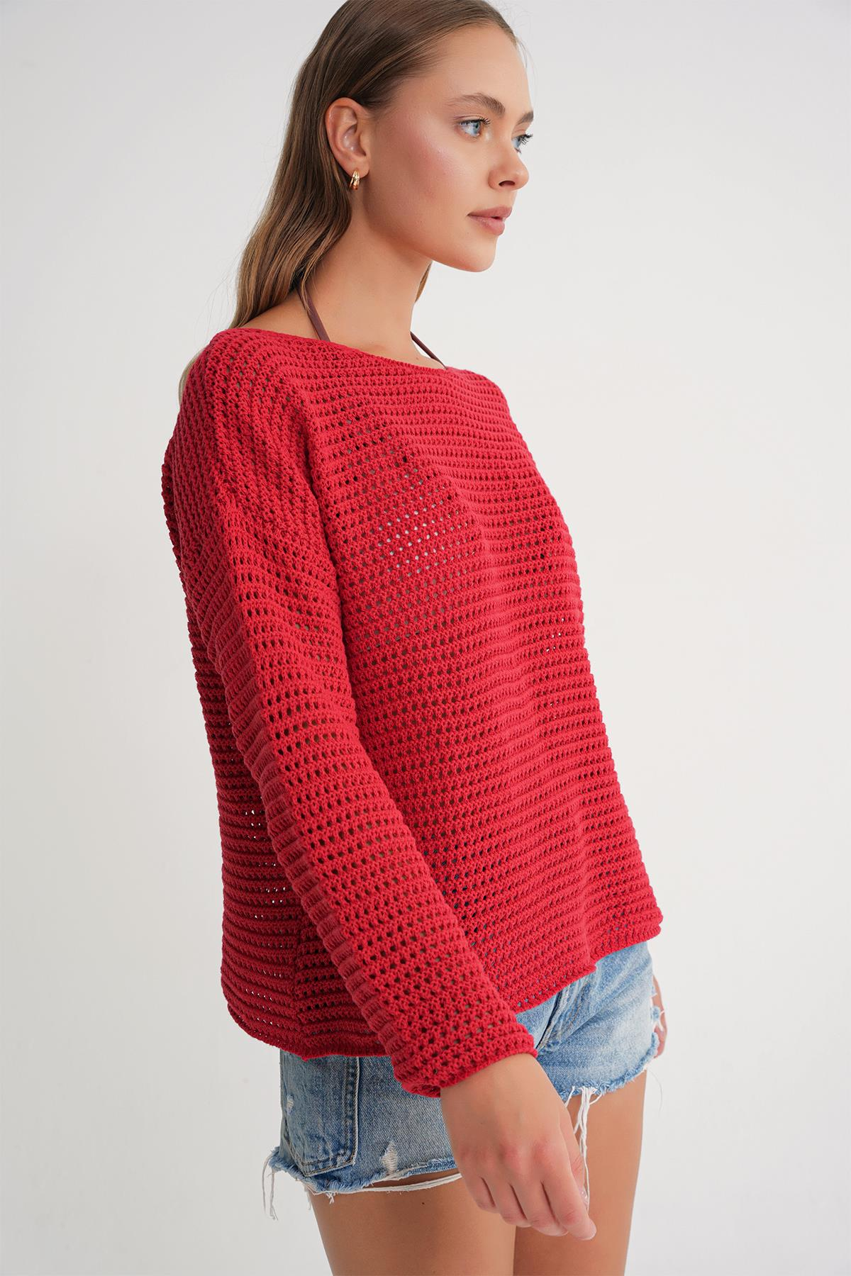 6942 Kadın Kayık Yaka  Mevsimlik  Ajurlu Kazak Kırmızı