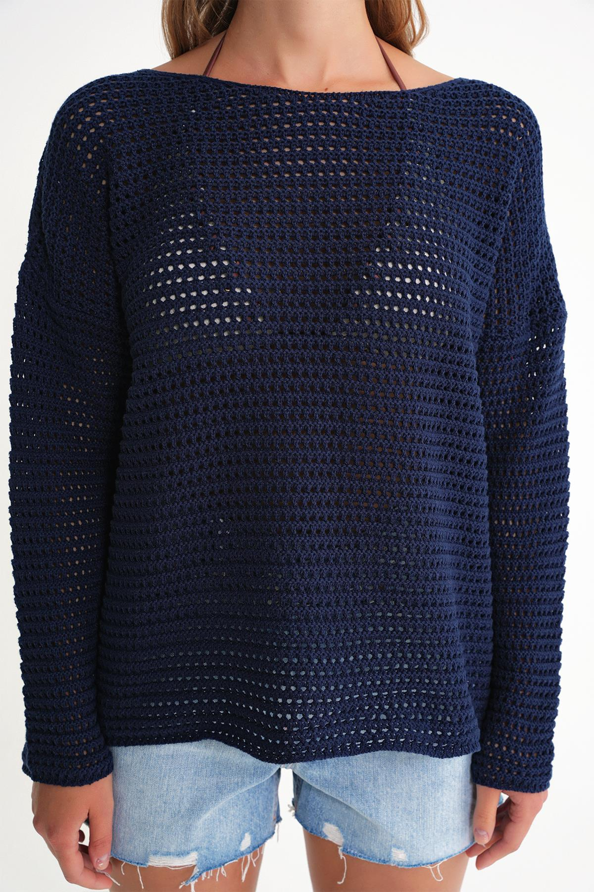 6942 Kadın Kayık Yaka  Mevsimlik  Ajurlu Kazak Lacivert