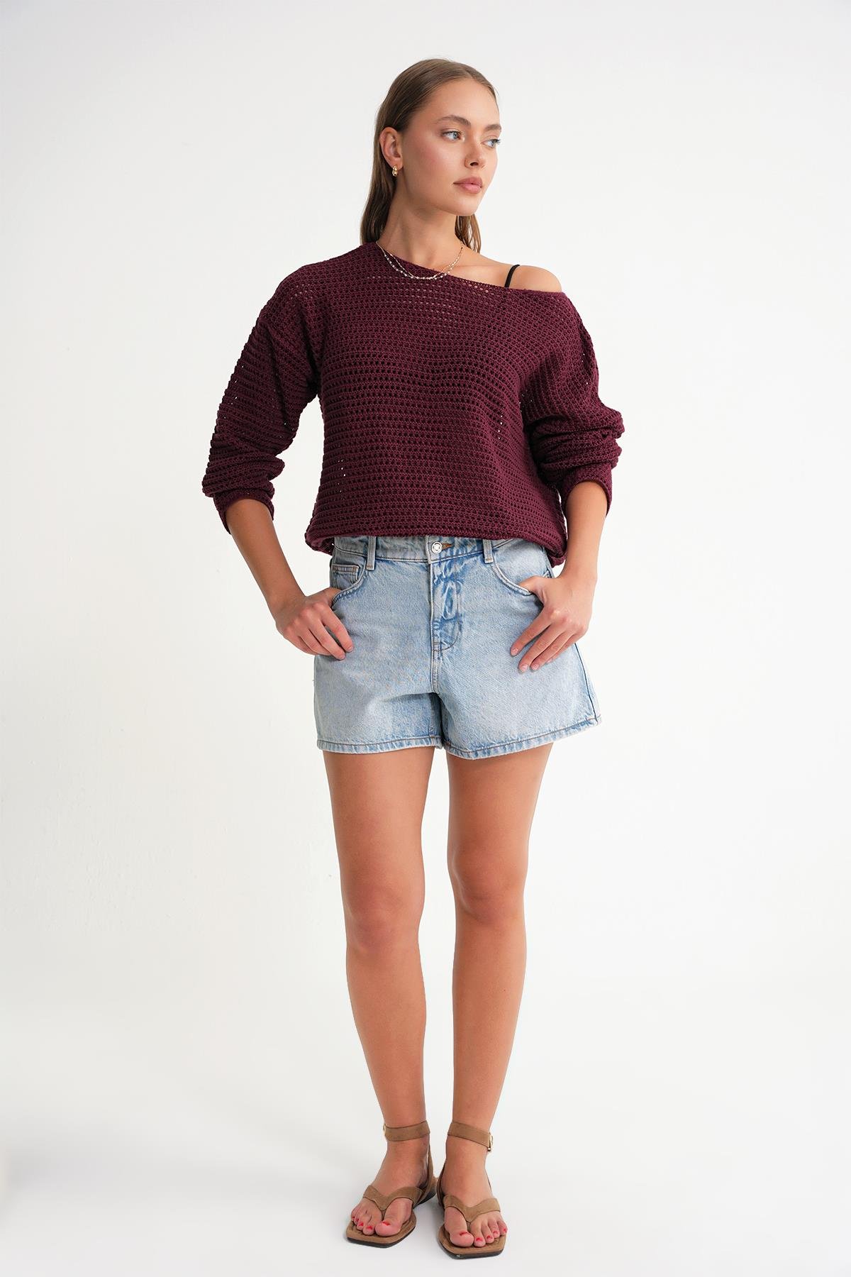 6942 Kadın Kayık Yaka  Mevsimlik  Ajurlu Kazak Bordo