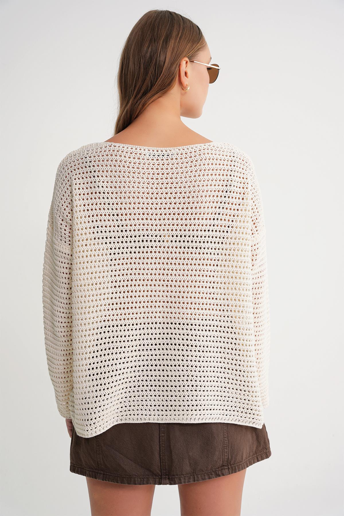 6942 Kadın Kayık Yaka  Mevsimlik  Ajurlu Kazak Naturel