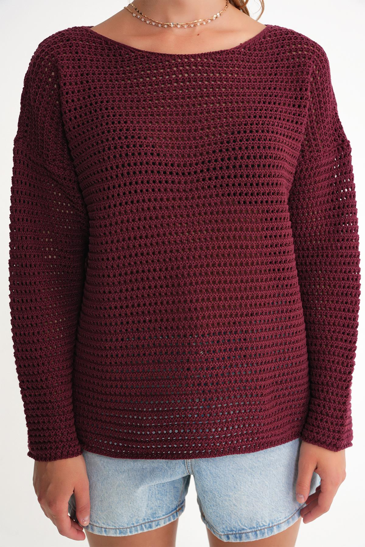 6942 Kadın Kayık Yaka  Mevsimlik  Ajurlu Kazak Bordo