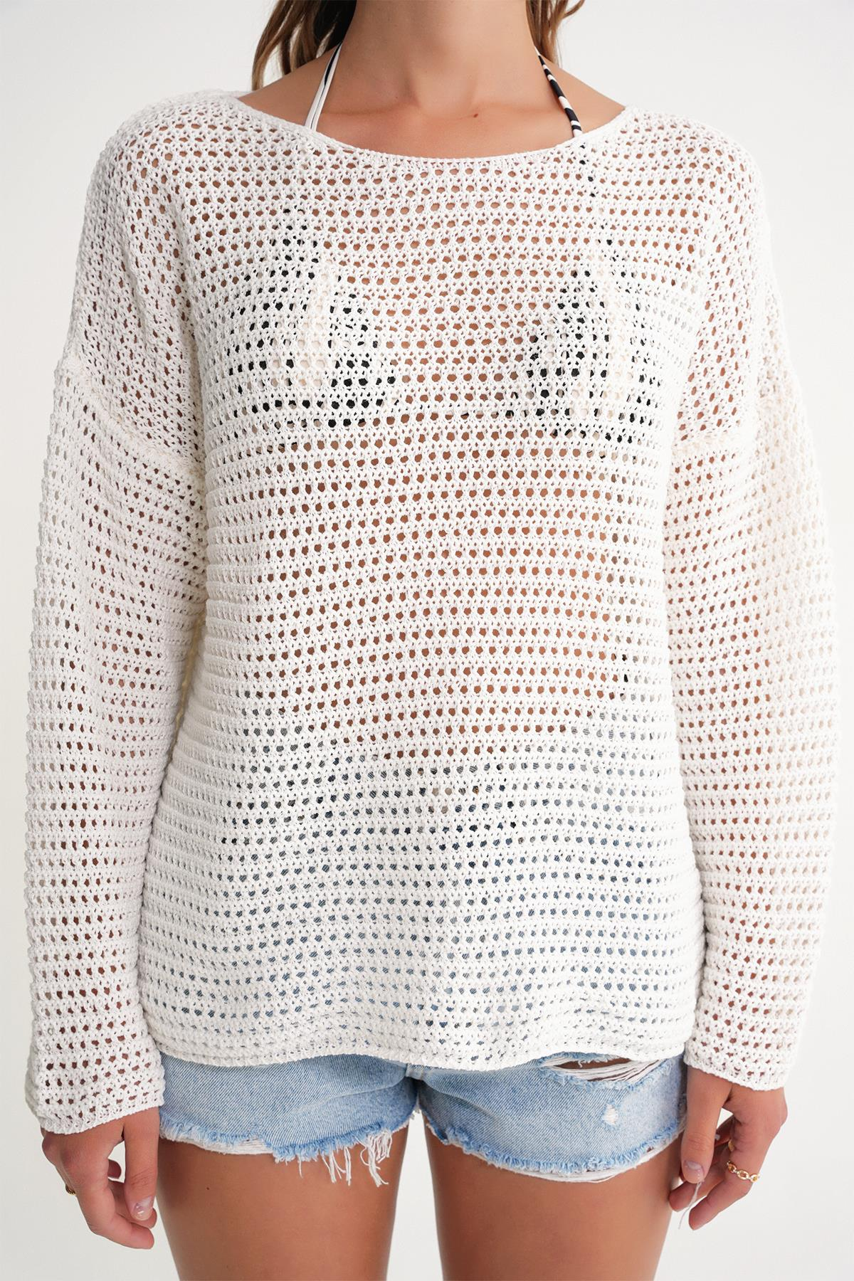 6942 Kadın Kayık Yaka  Mevsimlik  Ajurlu Kazak Kemik