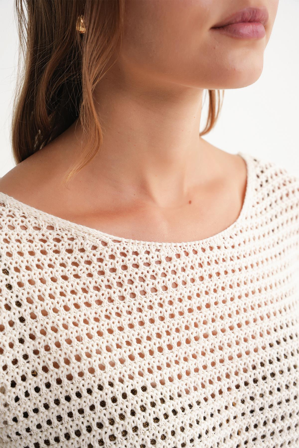 6942 Kadın Kayık Yaka  Mevsimlik  Ajurlu Kazak Naturel