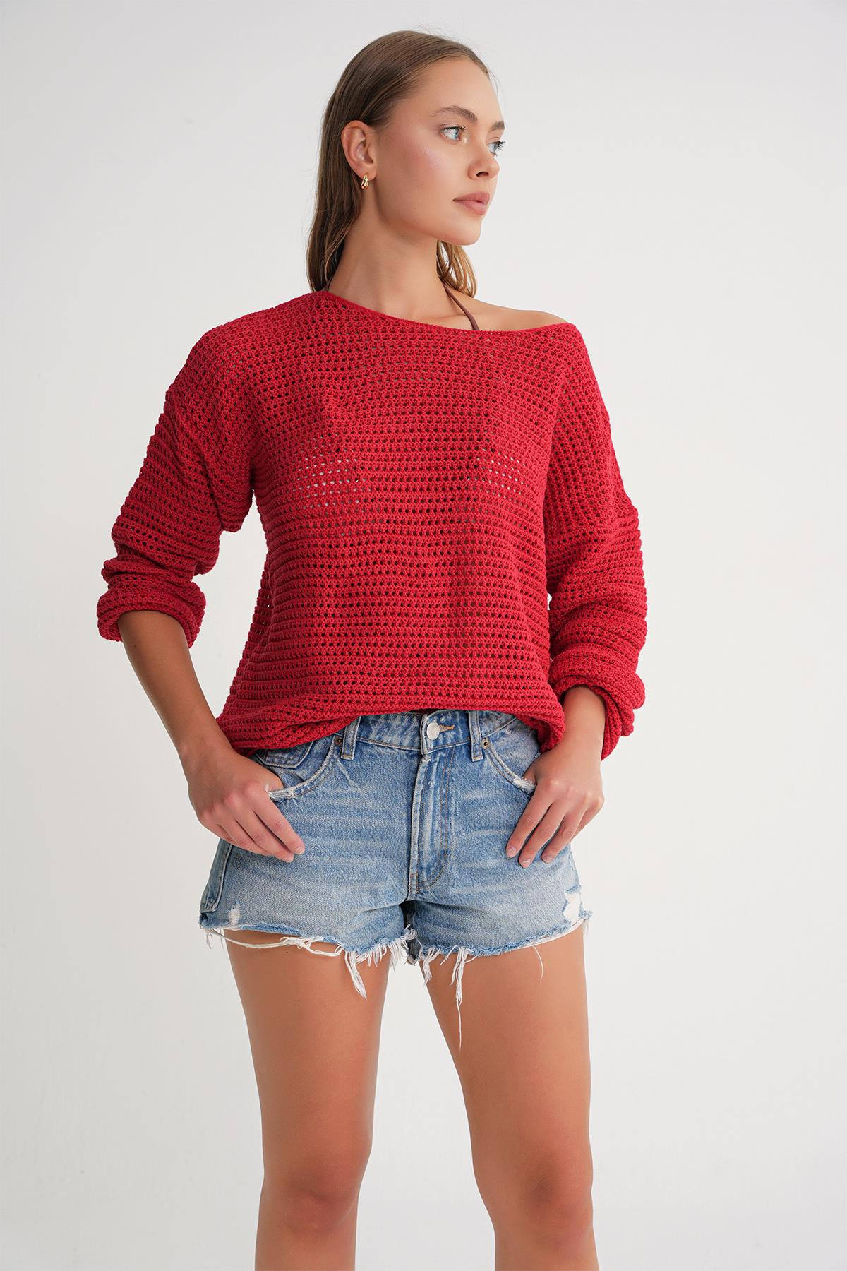 6942 Kadın Kayık Yaka  Mevsimlik  Ajurlu Kazak Kırmızı