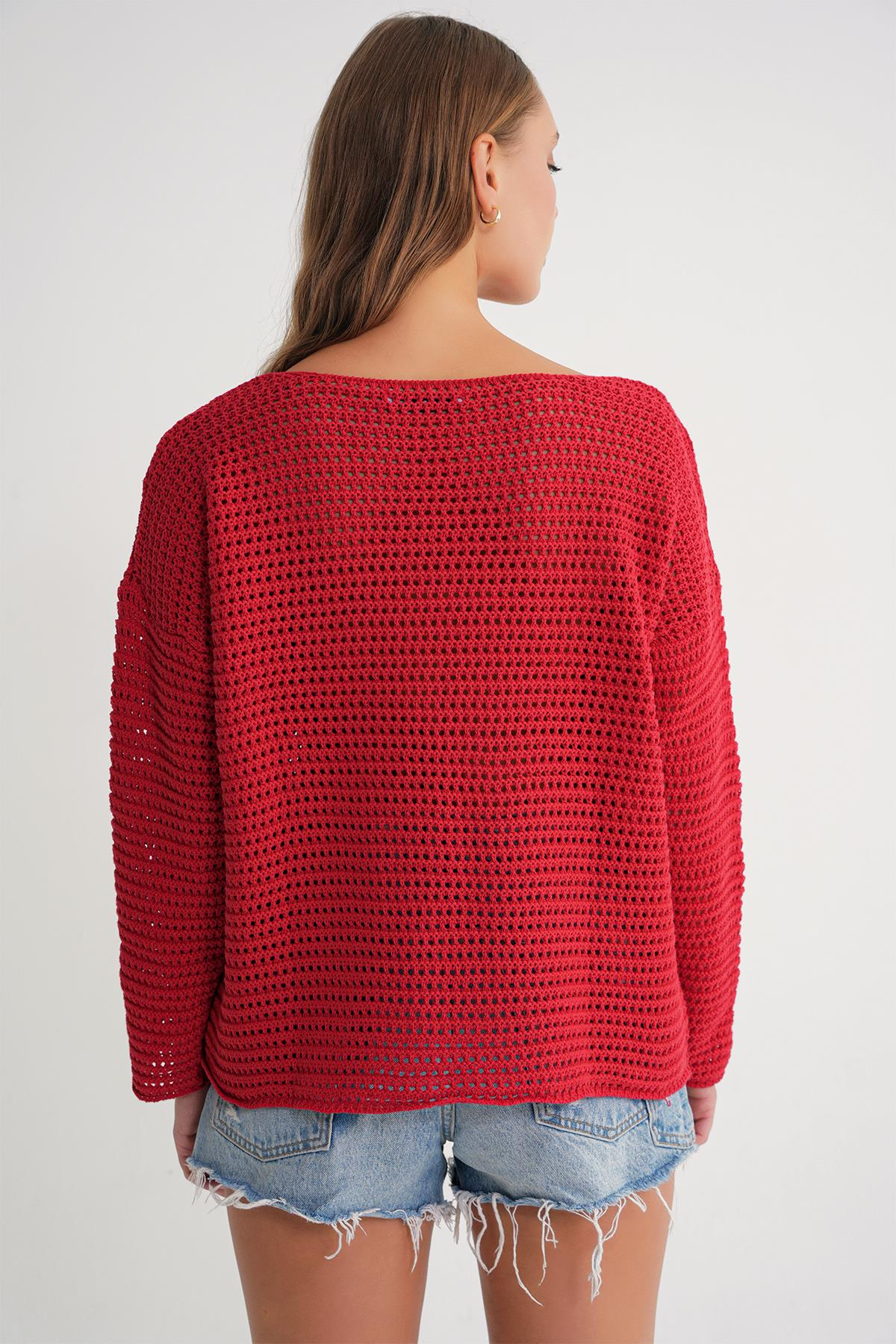 6942 Kadın Kayık Yaka  Mevsimlik  Ajurlu Kazak Kırmızı