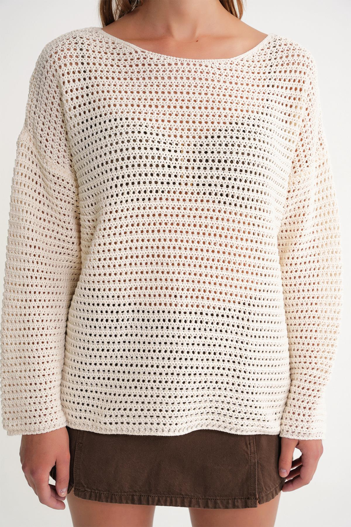 6942 Kadın Kayık Yaka  Mevsimlik  Ajurlu Kazak Naturel