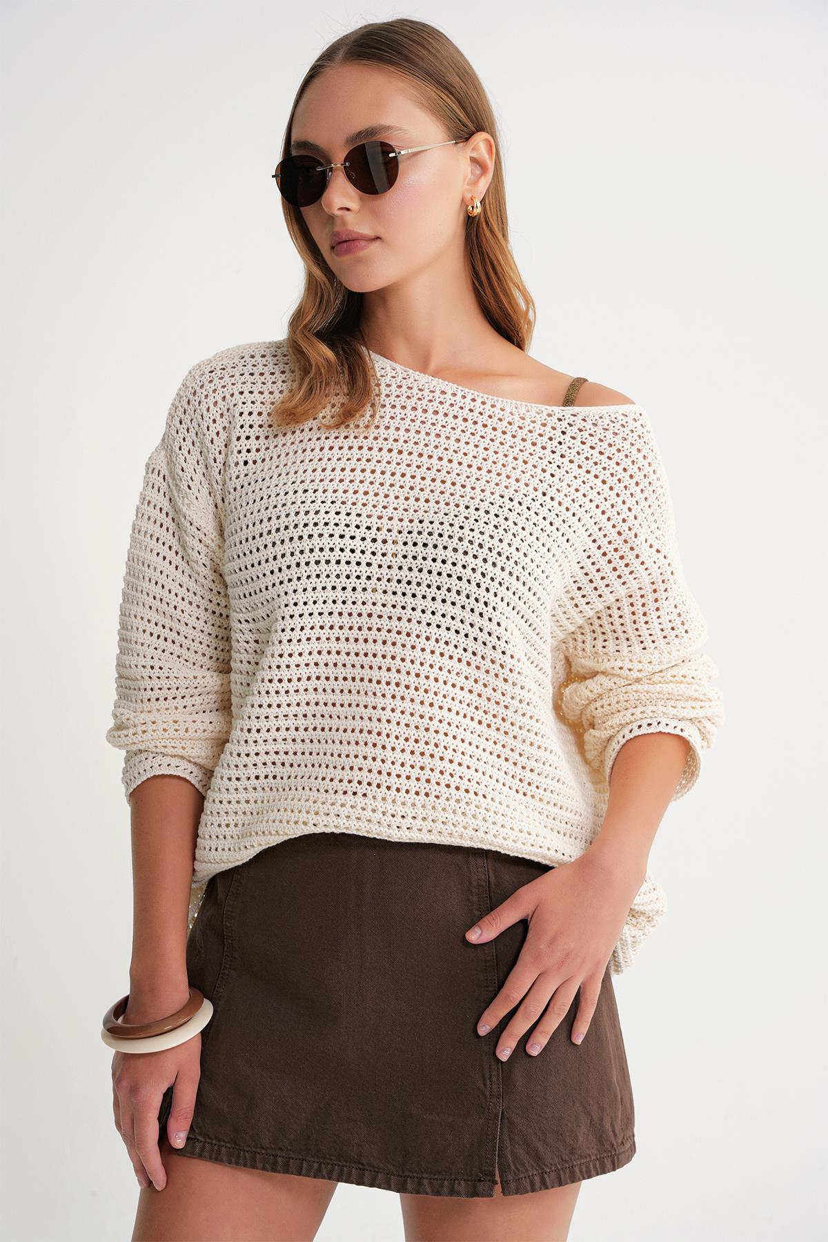 6942 Kadın Kayık Yaka  Mevsimlik  Ajurlu Kazak Naturel