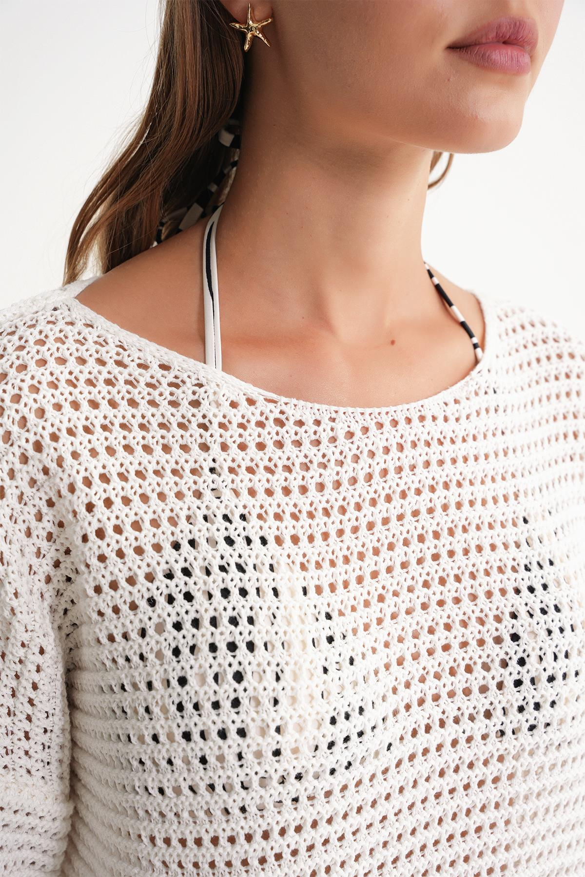 6942 Kadın Kayık Yaka  Mevsimlik  Ajurlu Kazak Kemik