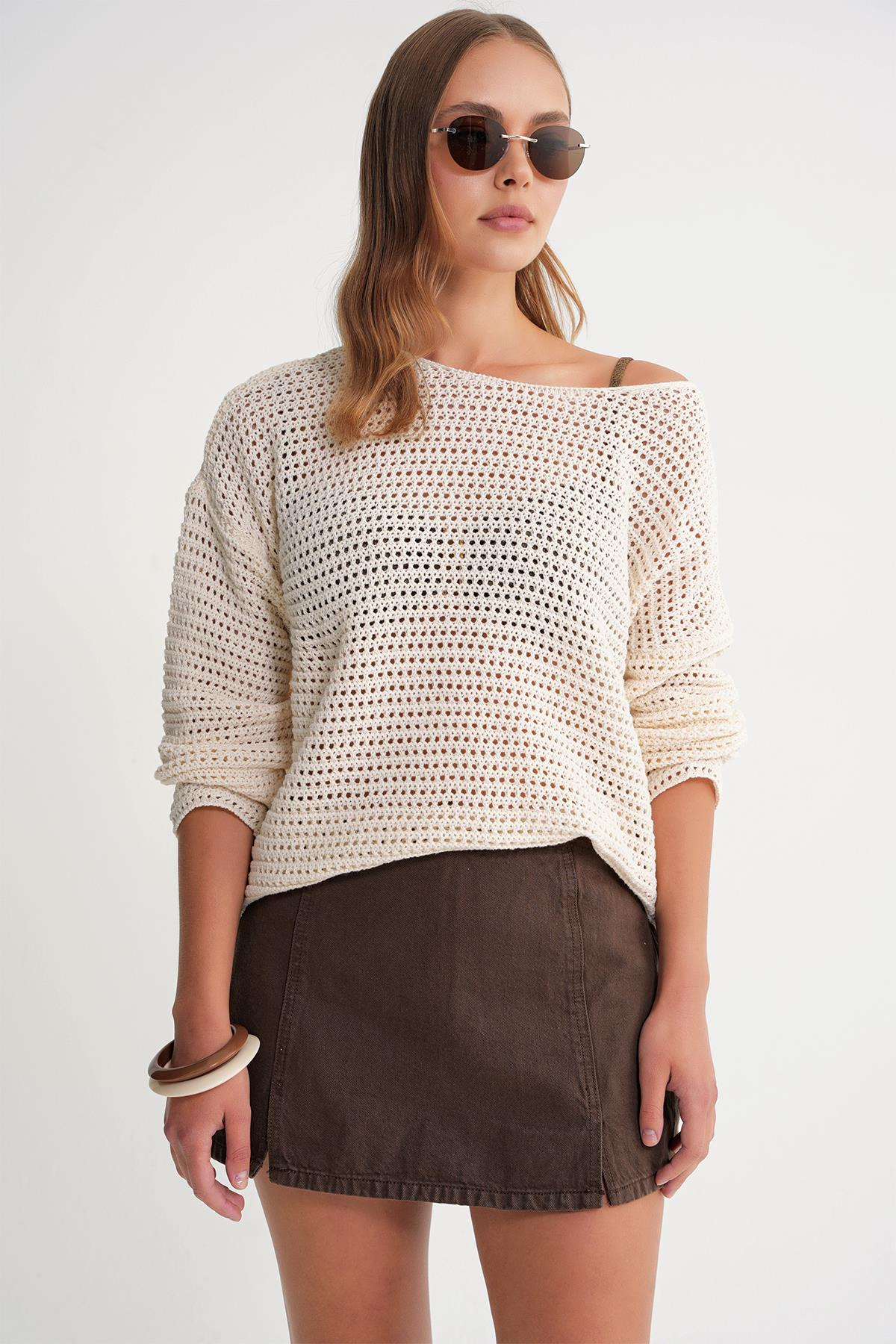 6942 Kadın Kayık Yaka  Mevsimlik  Ajurlu Kazak Naturel