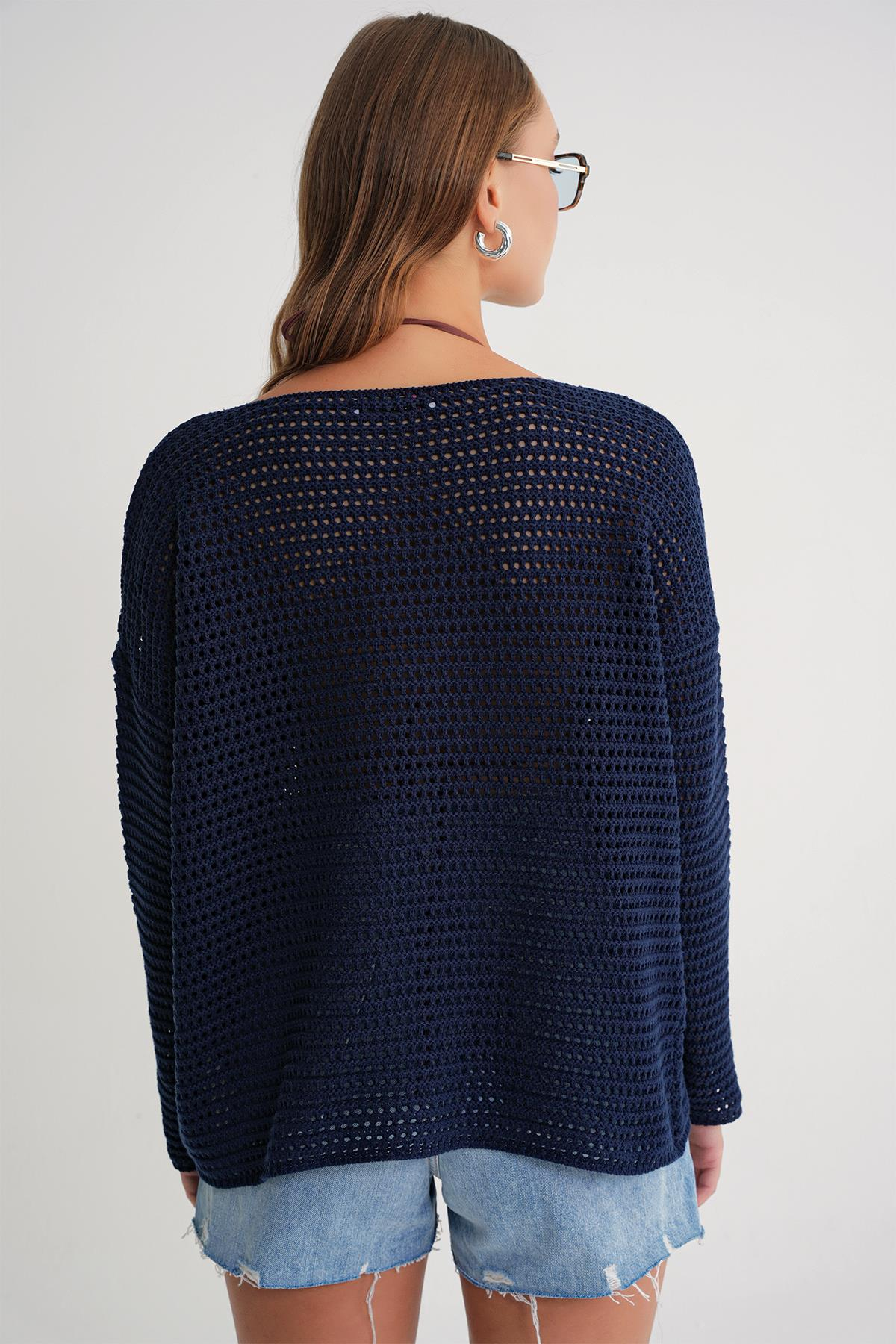 6942 Kadın Kayık Yaka  Mevsimlik  Ajurlu Kazak Lacivert