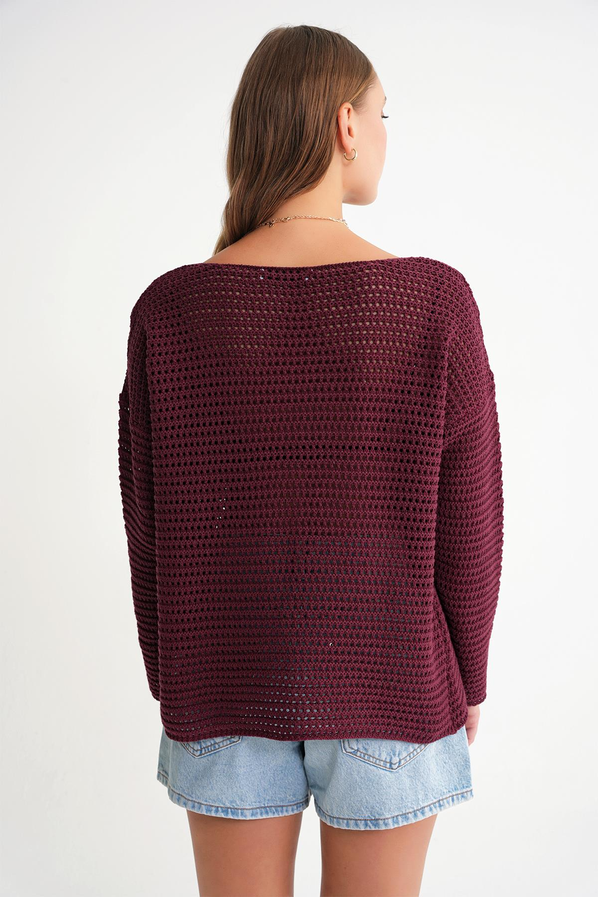 6942 Kadın Kayık Yaka  Mevsimlik  Ajurlu Kazak Bordo