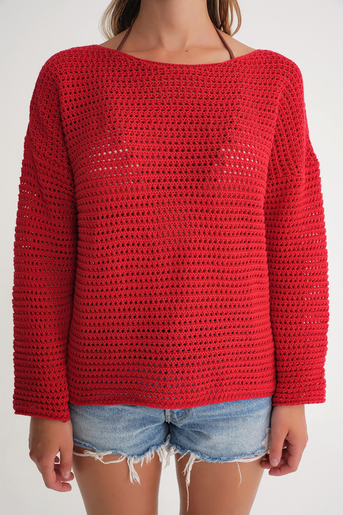 6942 Kadın Kayık Yaka  Mevsimlik  Ajurlu Kazak Kırmızı