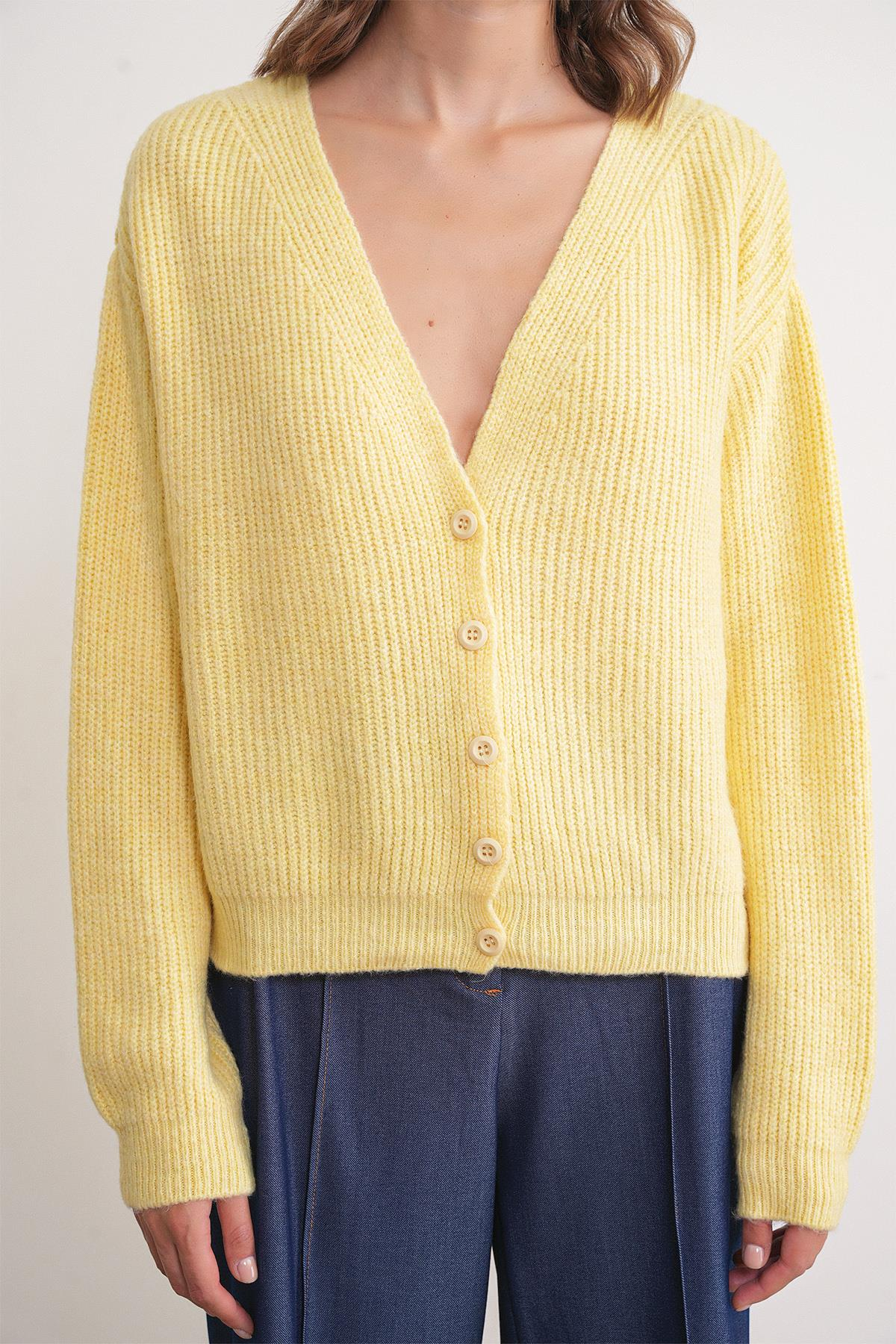 6943 Kadın V Yaka Selanik Hırka Sarı