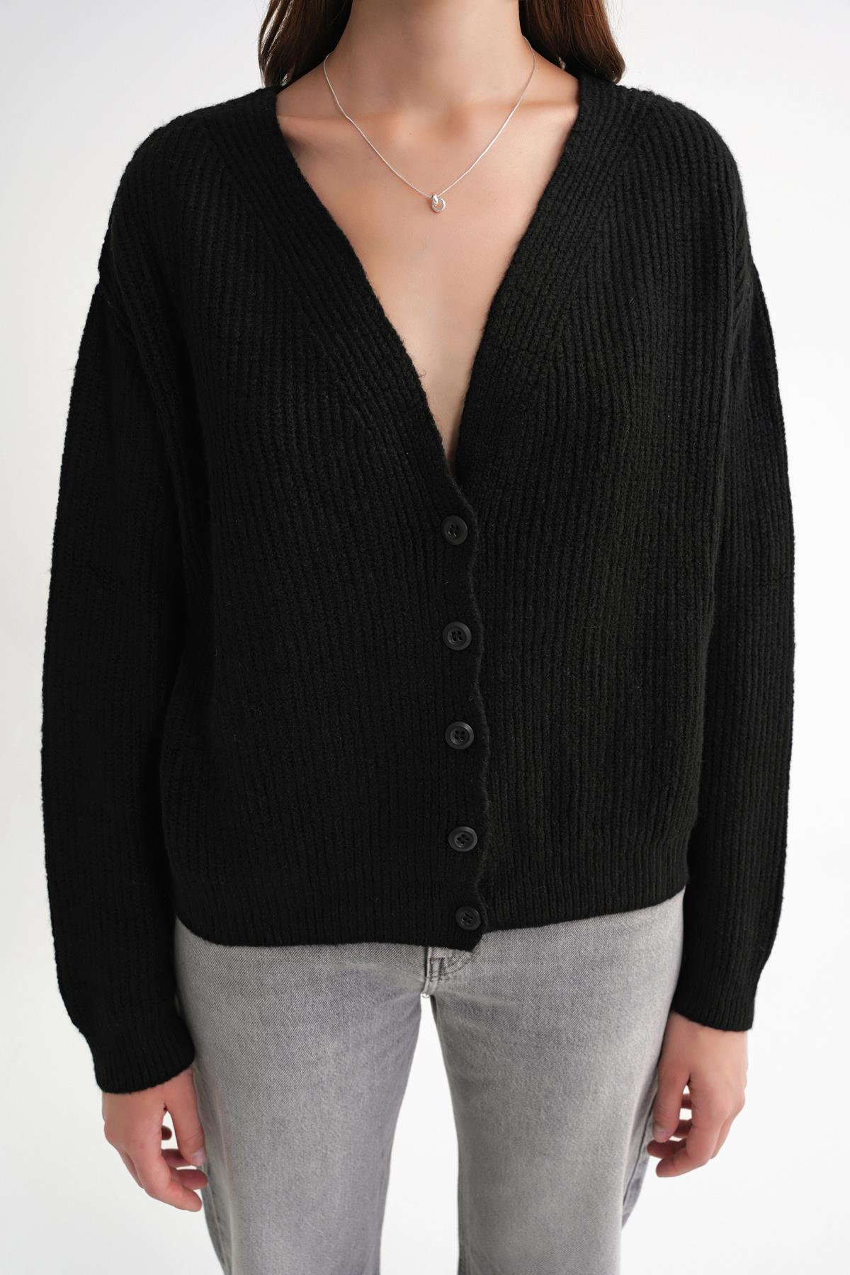 6943 Kadın V Yaka Selanik Hırka Siyah