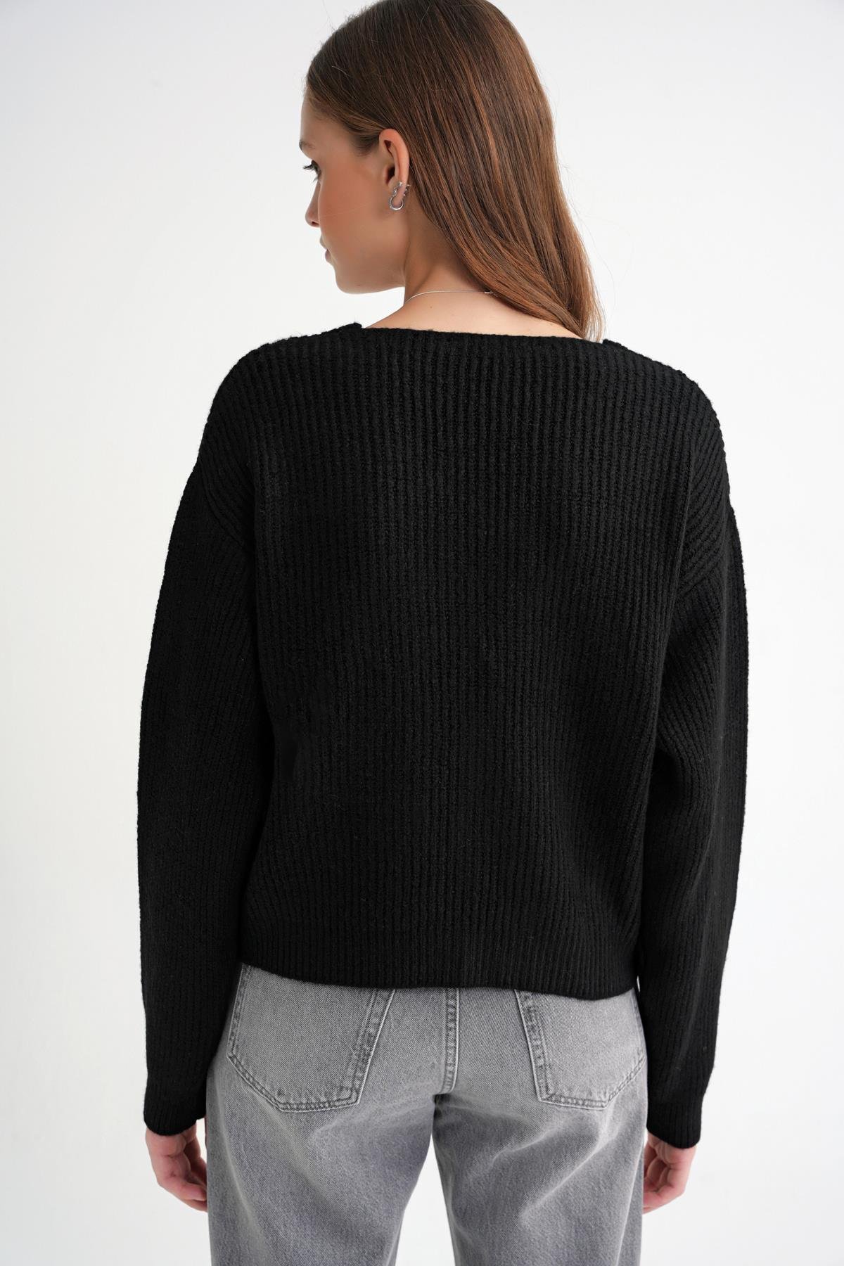 6943 Kadın V Yaka Selanik Hırka Siyah