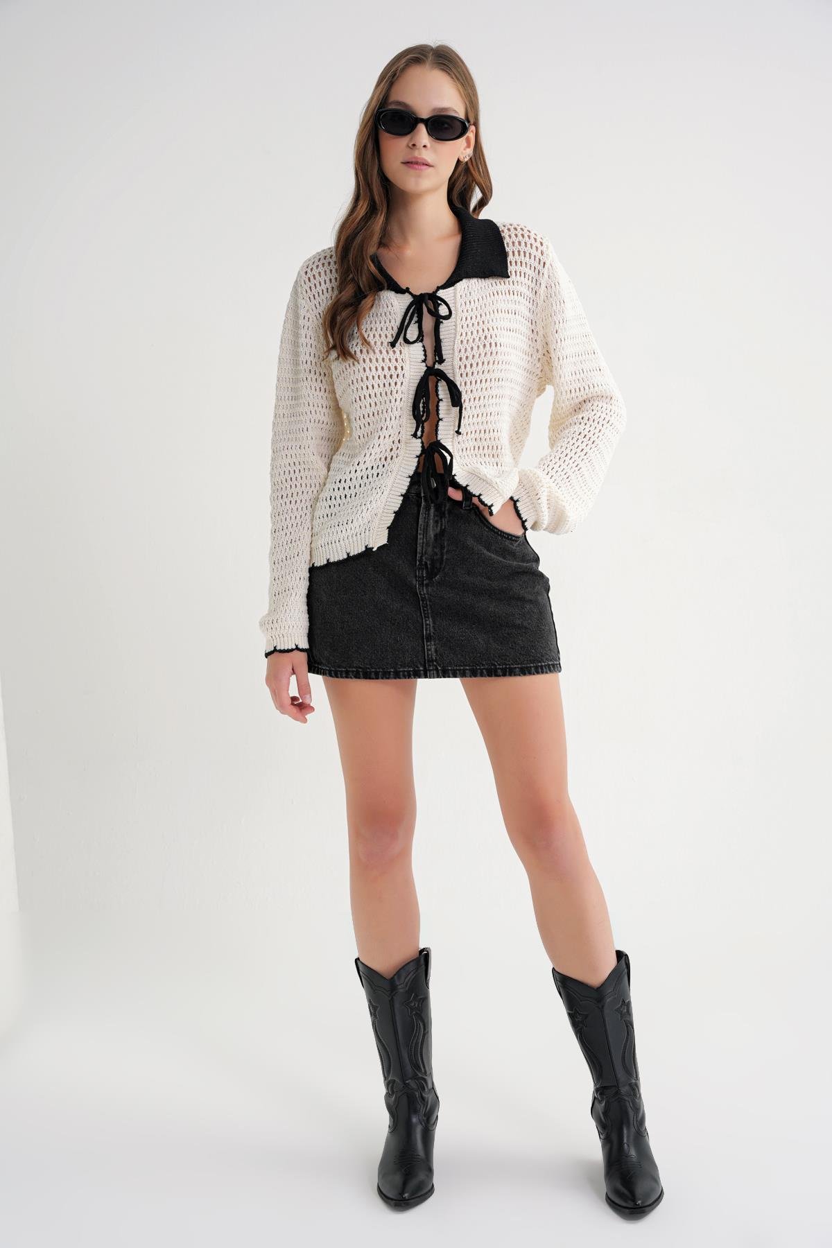 6945 Kadın Ajurlu Bağlamalı Triko Hırka Naturel