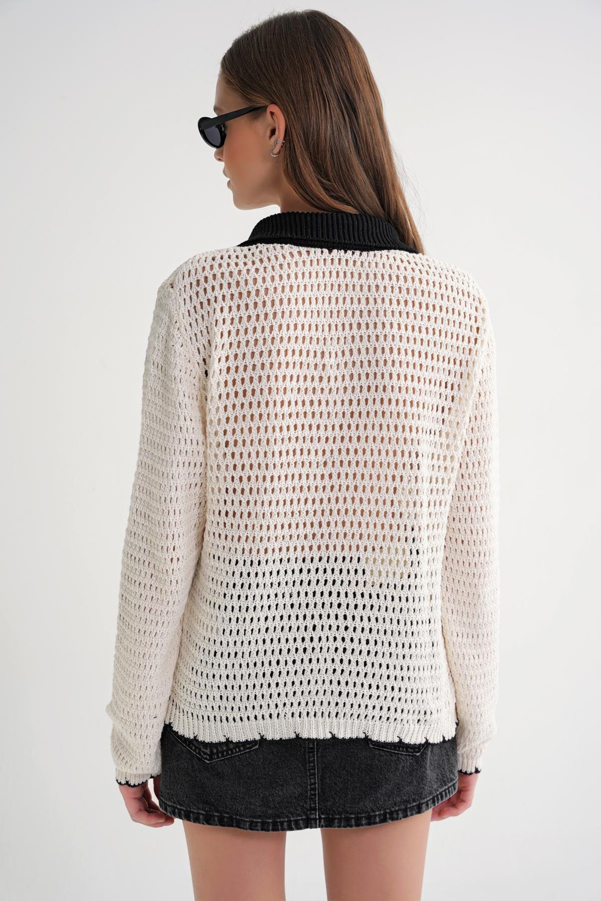 6945 Kadın Ajurlu Bağlamalı Triko Hırka Naturel