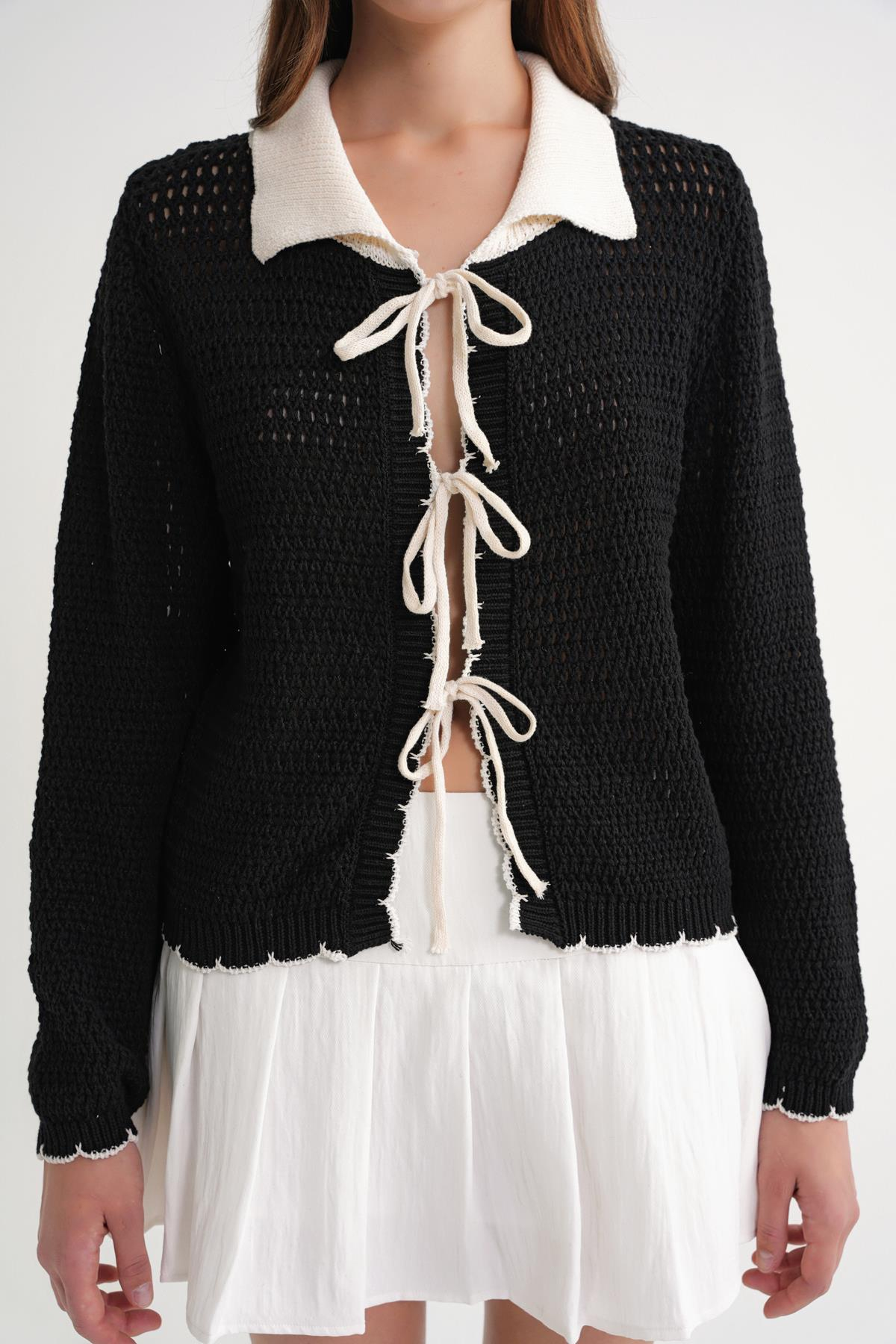 6945 Kadın Ajurlu Bağlamalı Triko Hırka Siyah