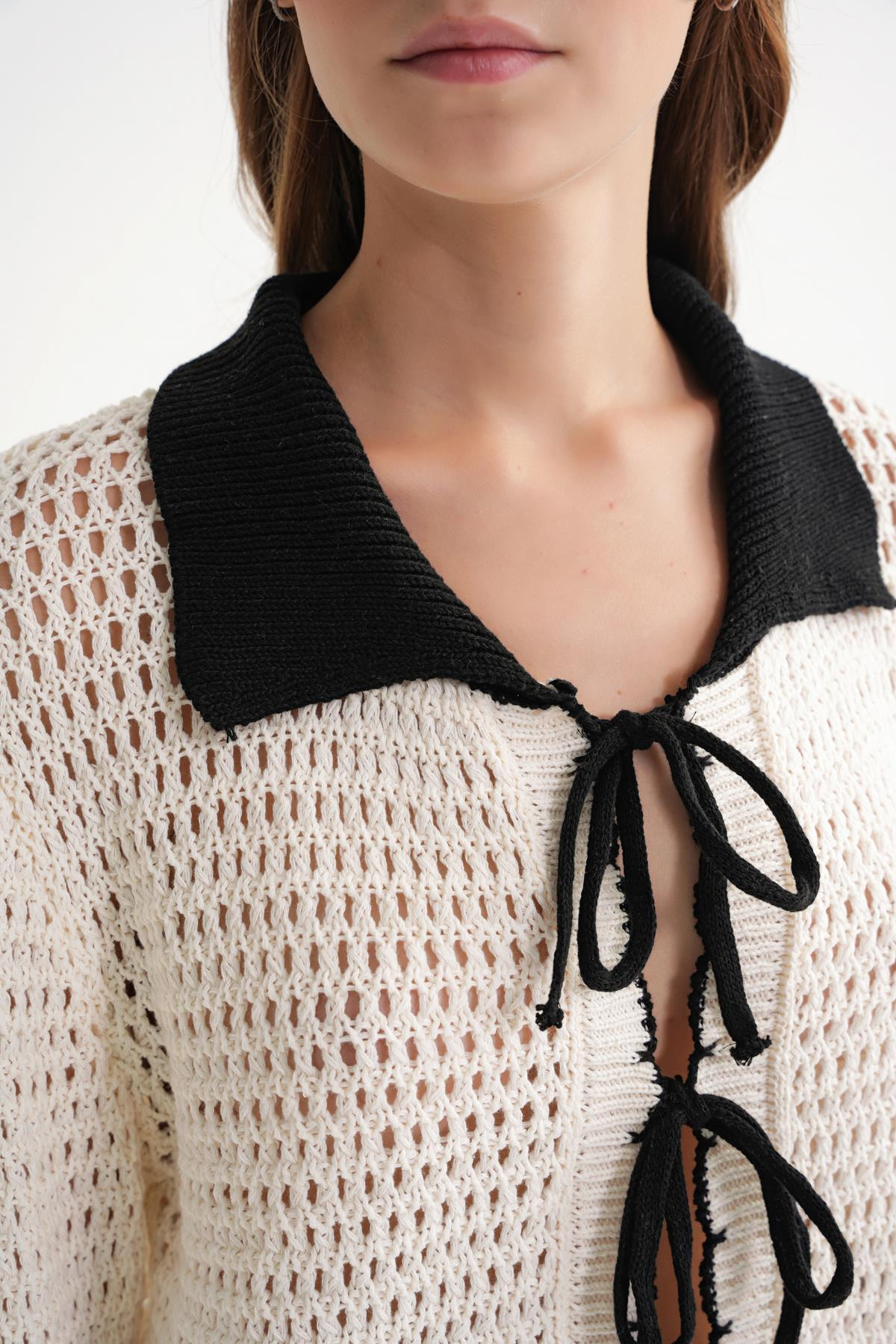 6945 Kadın Ajurlu Bağlamalı Triko Hırka Naturel