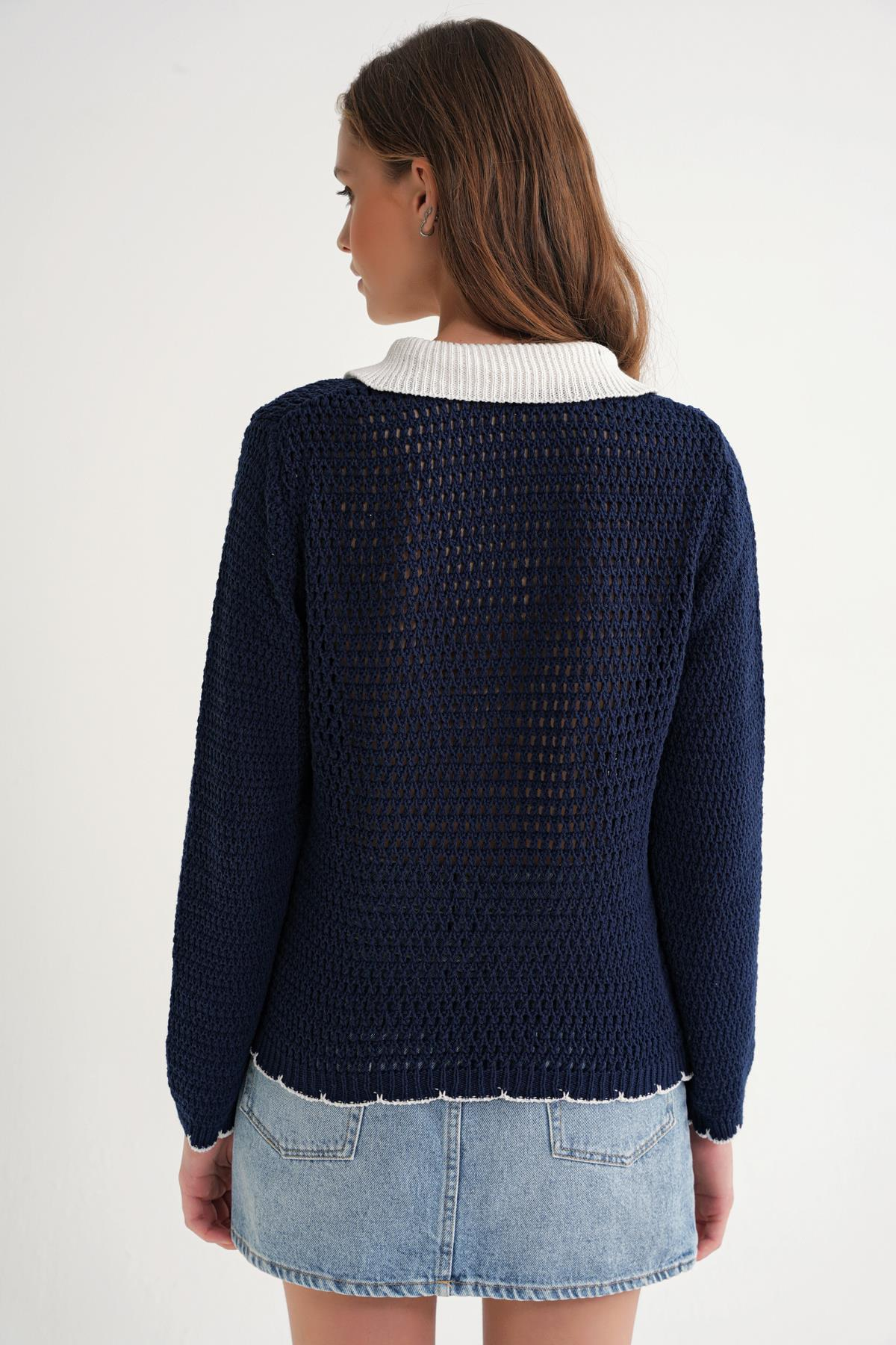 6945 Kadın Ajurlu Bağlamalı Triko Hırka Lacivert