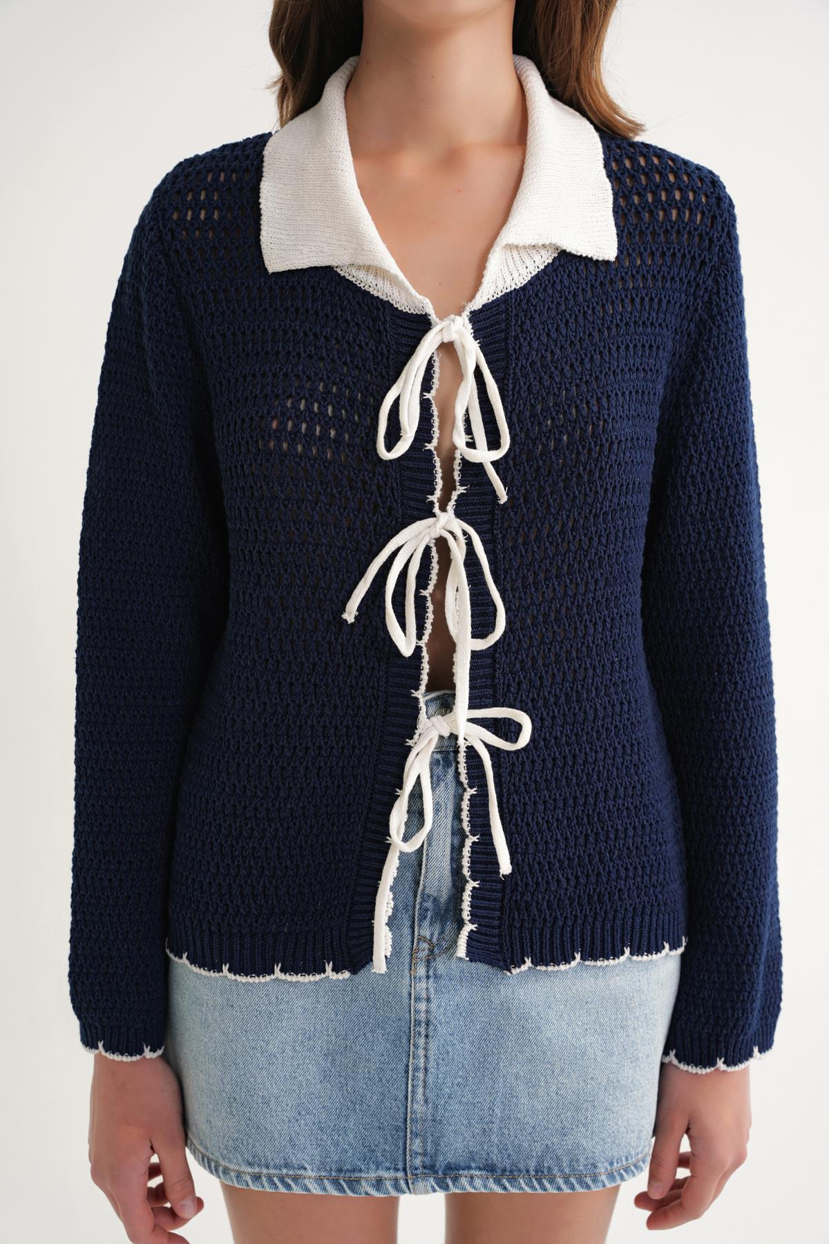 6945 Kadın Ajurlu Bağlamalı Triko Hırka Lacivert