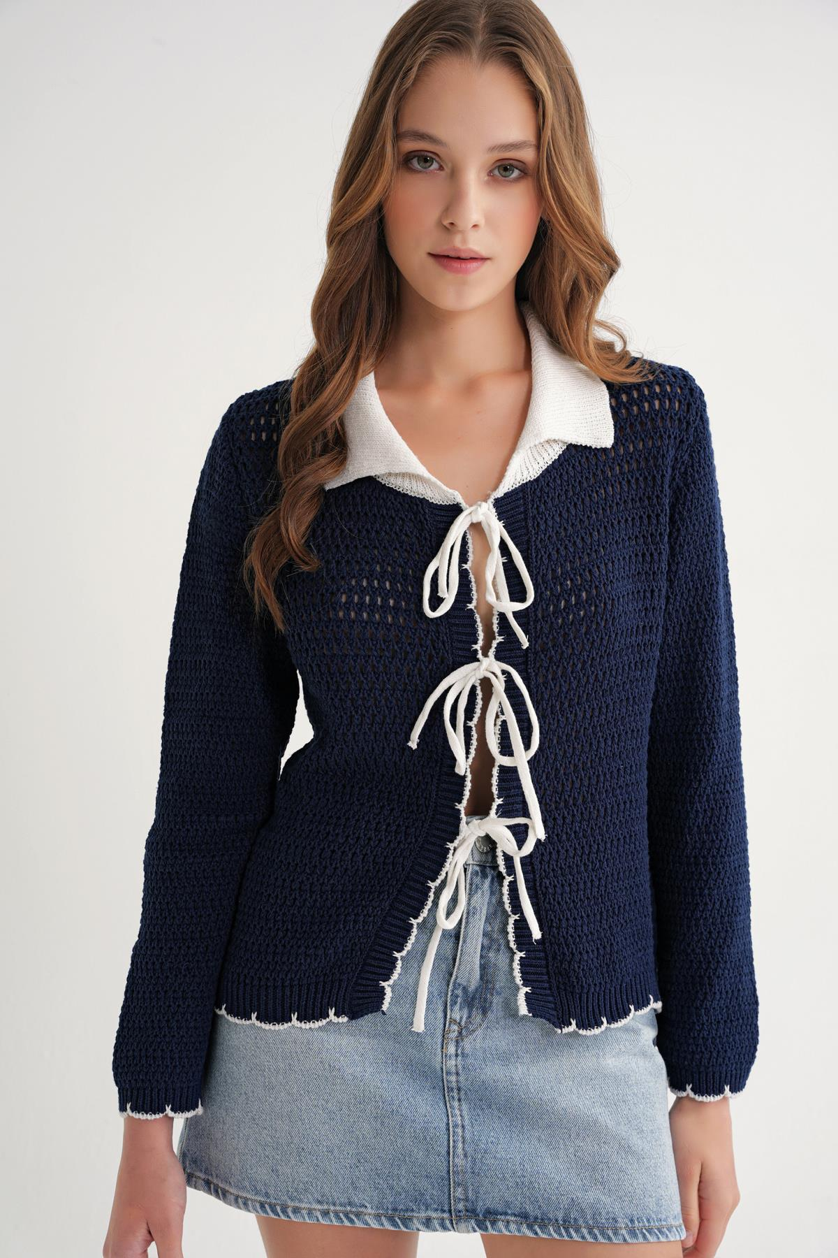 6945 Kadın Ajurlu Bağlamalı Triko Hırka Lacivert