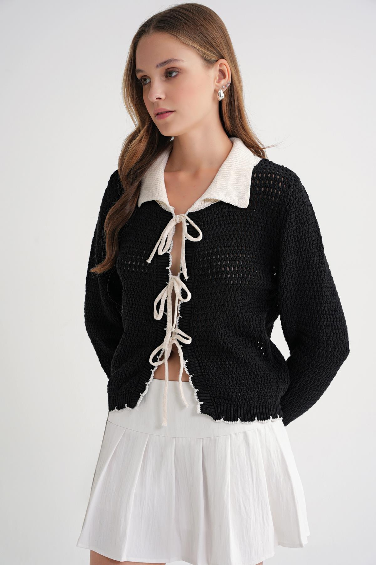 6945 Kadın Ajurlu Bağlamalı Triko Hırka Siyah