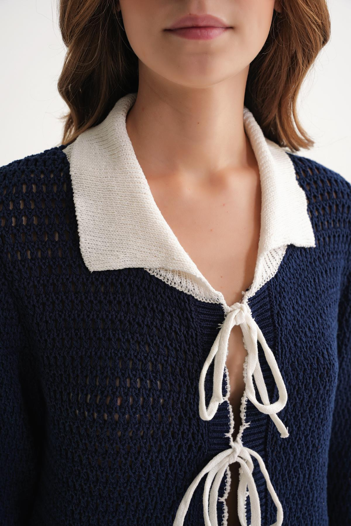 6945 Kadın Ajurlu Bağlamalı Triko Hırka Lacivert