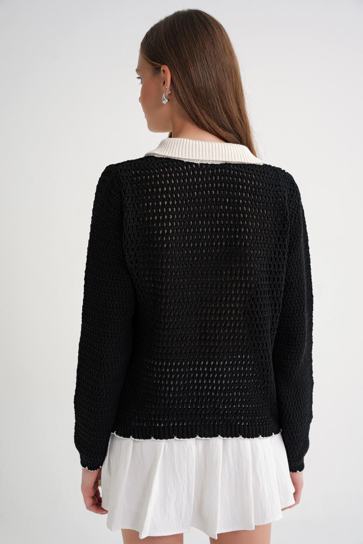 6945 Kadın Ajurlu Bağlamalı Triko Hırka Siyah