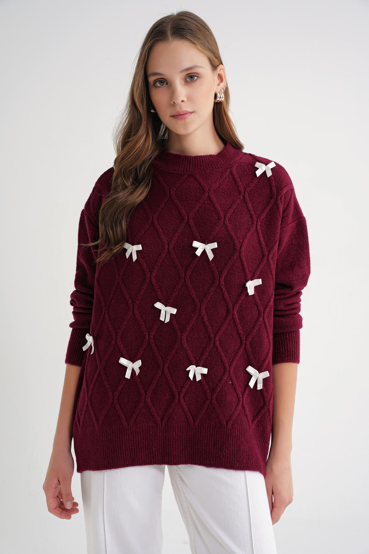 6946 Kadın Oversize Bisiklet Yaka Kurdeleli Triko Kazak Bordo