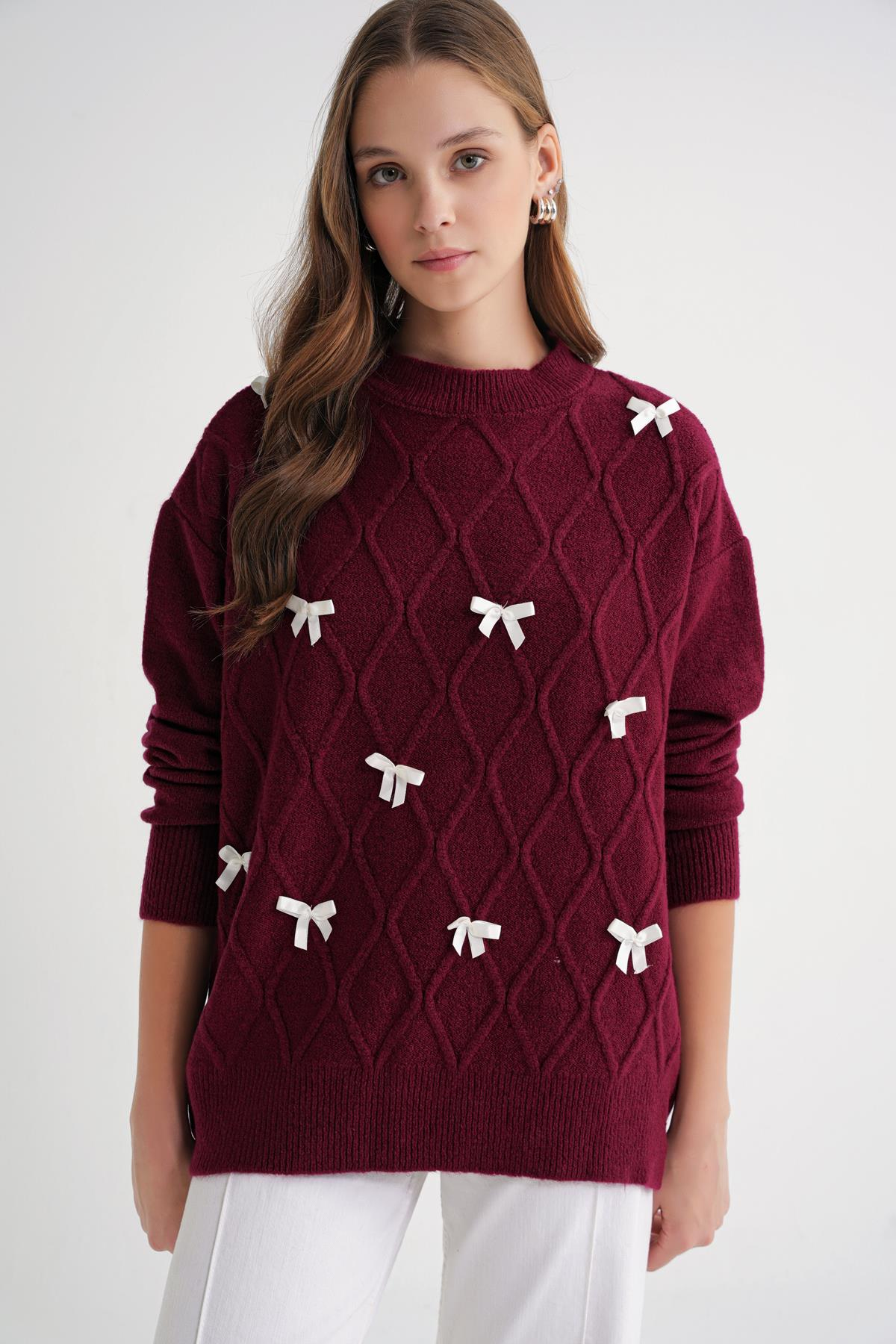 6946 Kadın Oversize Bisiklet Yaka Kurdeleli Triko Kazak Bordo