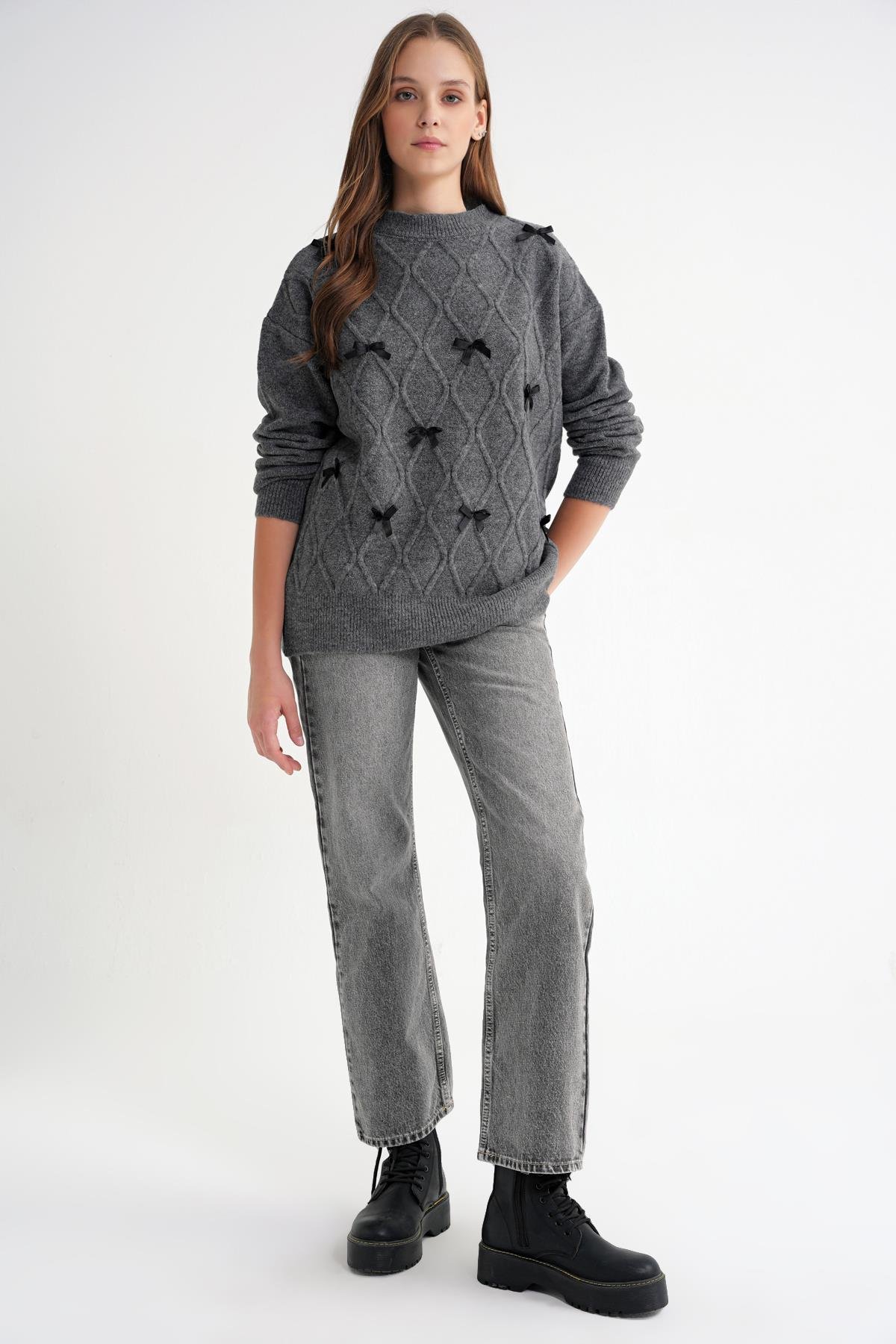 6946 Kadın Oversize Bisiklet Yaka Kurdeleli Triko Kazak Antrasit