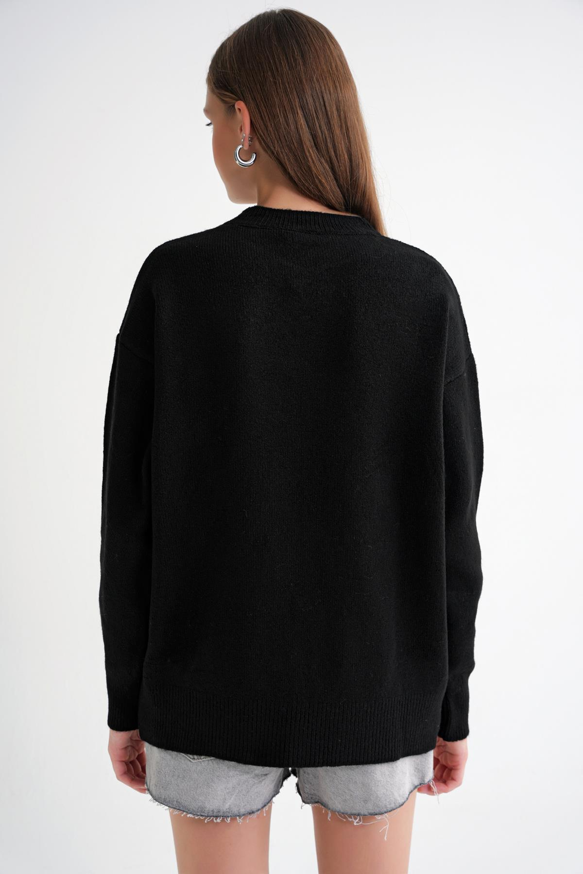 6946 Kadın Oversize Bisiklet Yaka Kurdeleli Triko Kazak Siyah