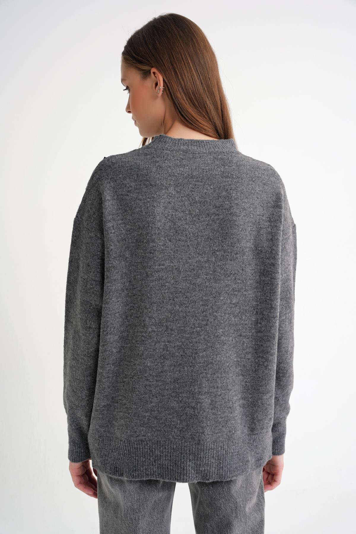 6946 Kadın Oversize Bisiklet Yaka Kurdeleli Triko Kazak Antrasit