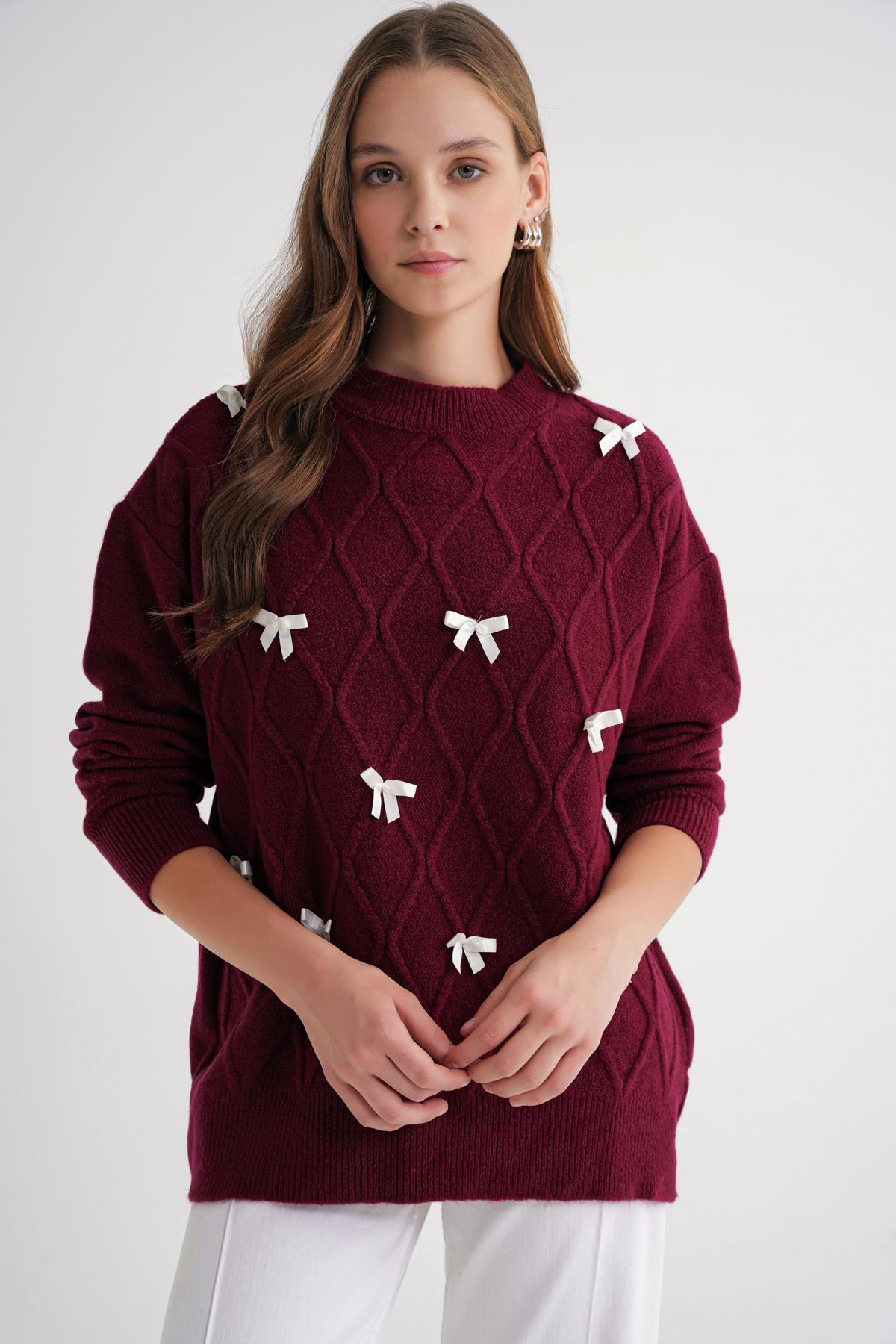 6946 Kadın Oversize Bisiklet Yaka Kurdeleli Triko Kazak Bordo