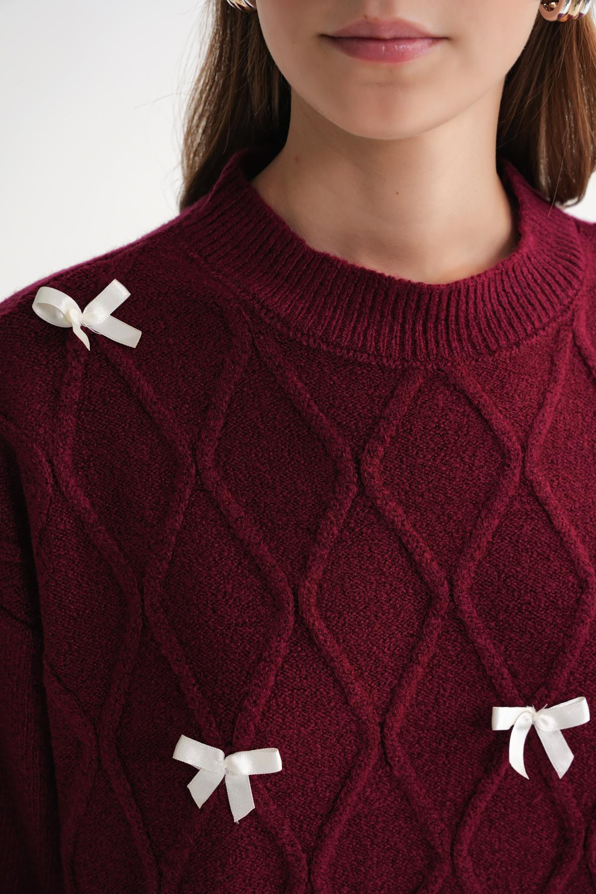 6946 Kadın Oversize Bisiklet Yaka Kurdeleli Triko Kazak Bordo