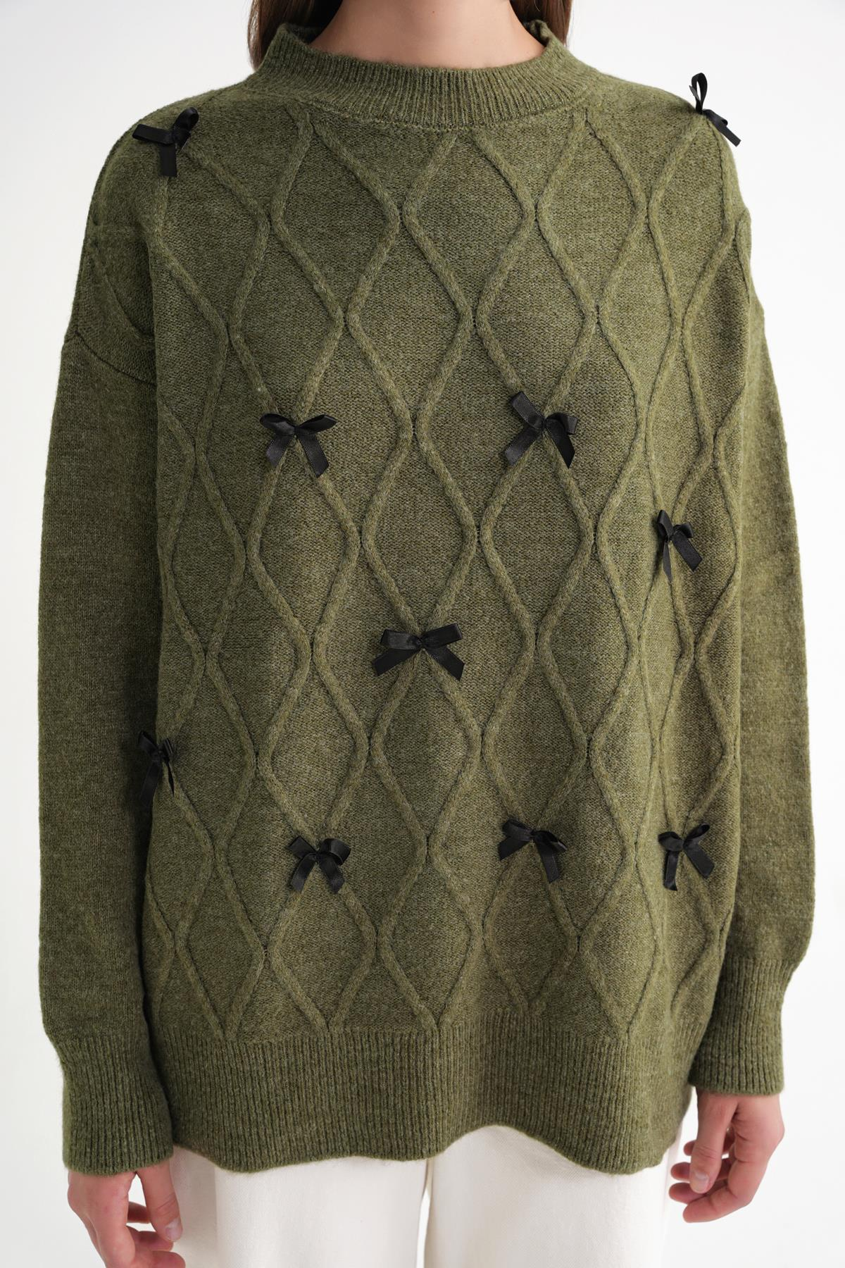 6946 Kadın Oversize Bisiklet Yaka Kurdeleli Triko Kazak Haki