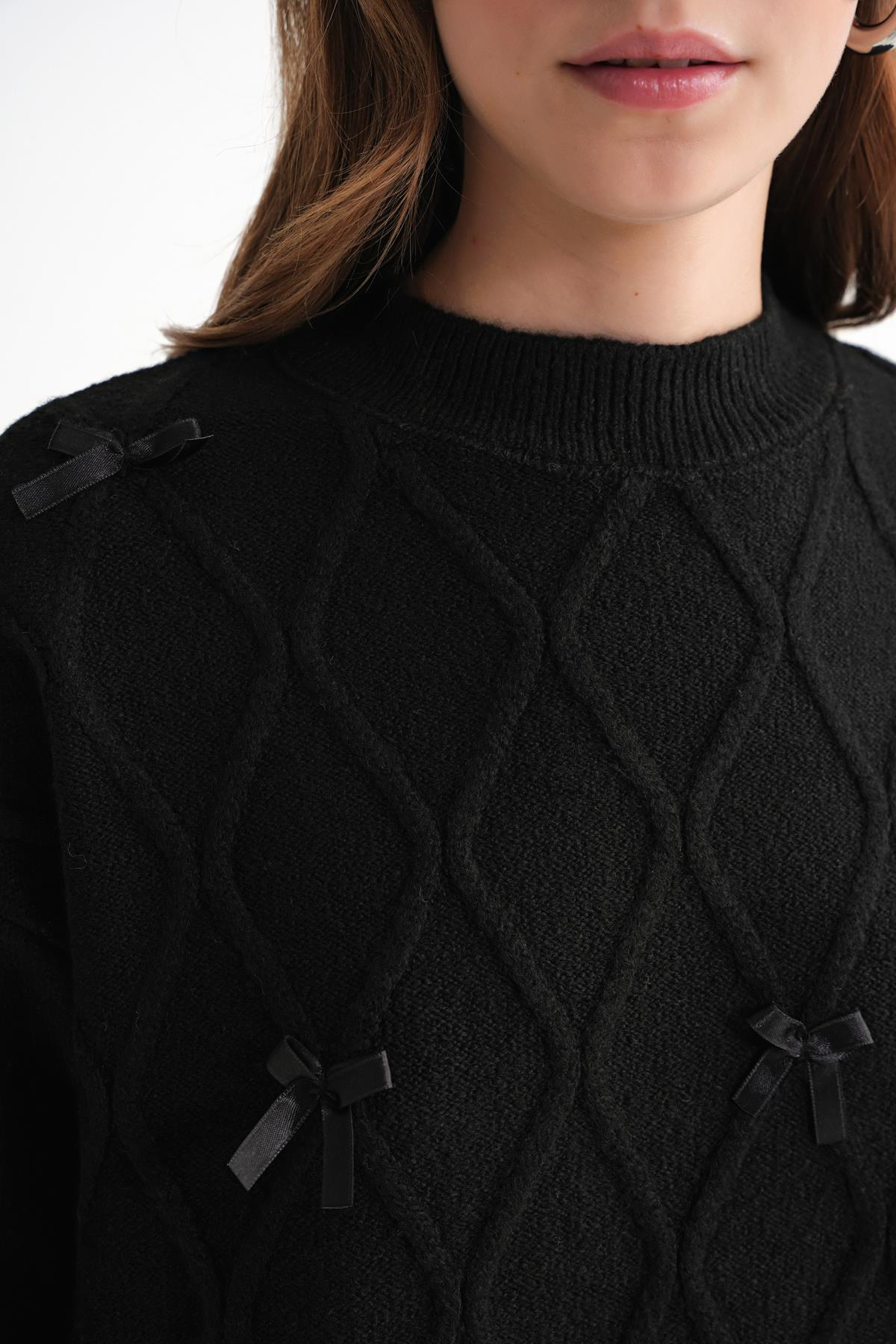 6946 Kadın Oversize Bisiklet Yaka Kurdeleli Triko Kazak Siyah