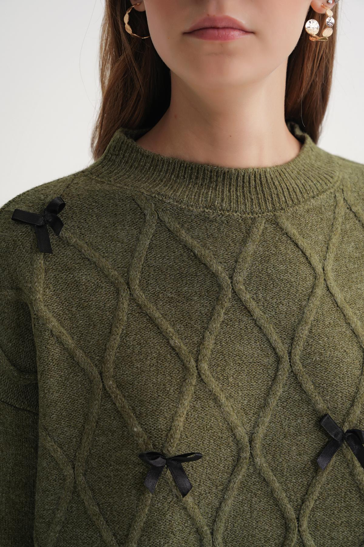 6946 Kadın Oversize Bisiklet Yaka Kurdeleli Triko Kazak Haki