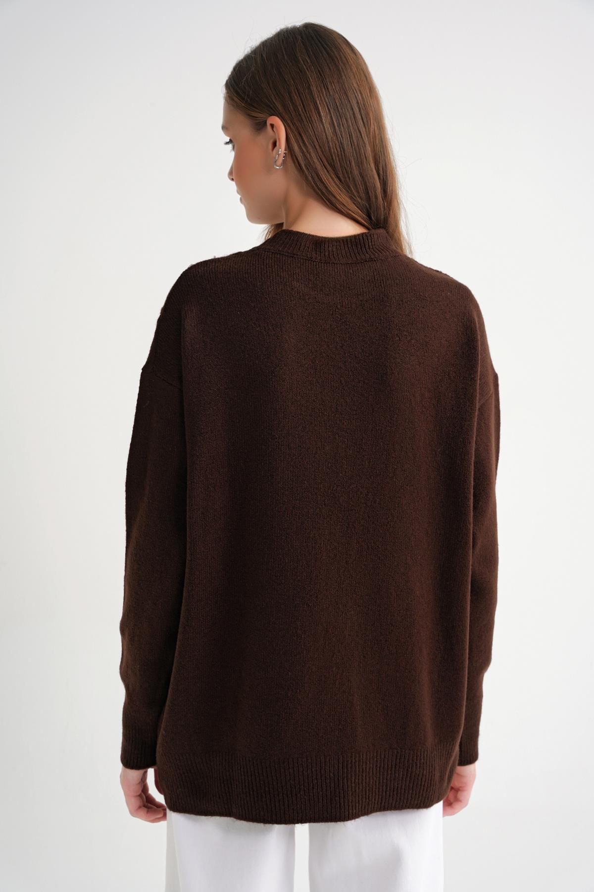 6946 Kadın Oversize Bisiklet Yaka Kurdeleli Triko Kazak Kahve