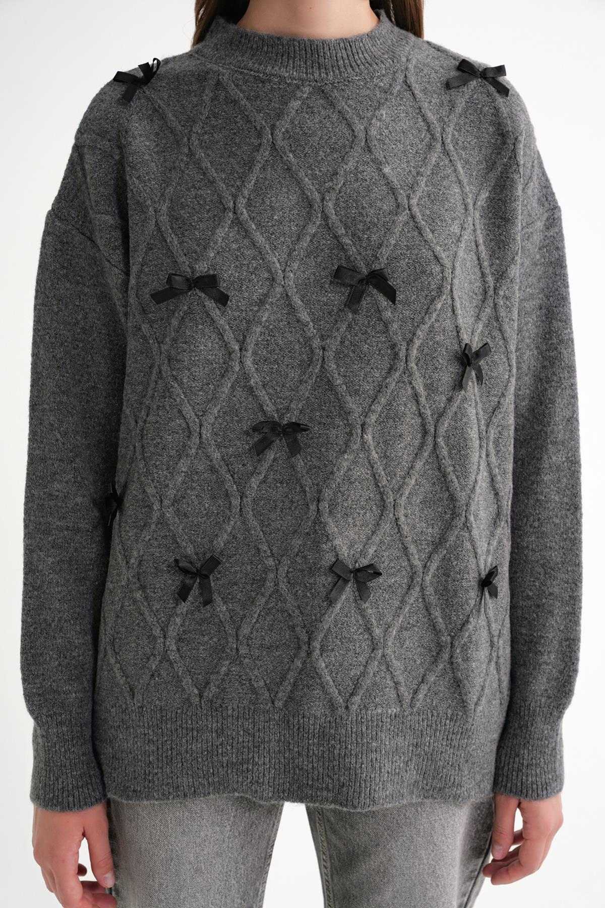 6946 Kadın Oversize Bisiklet Yaka Kurdeleli Triko Kazak Antrasit