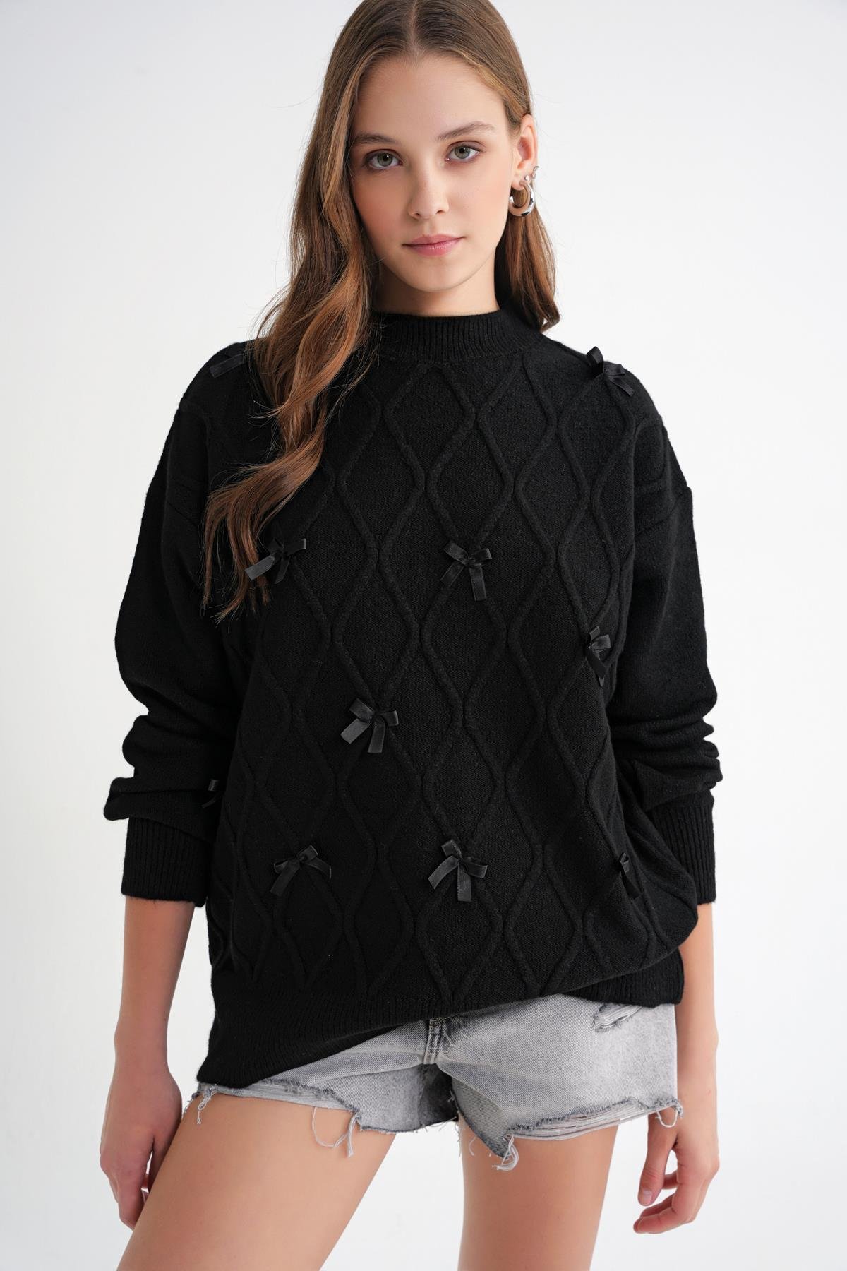 6946 Kadın Oversize Bisiklet Yaka Kurdeleli Triko Kazak Siyah