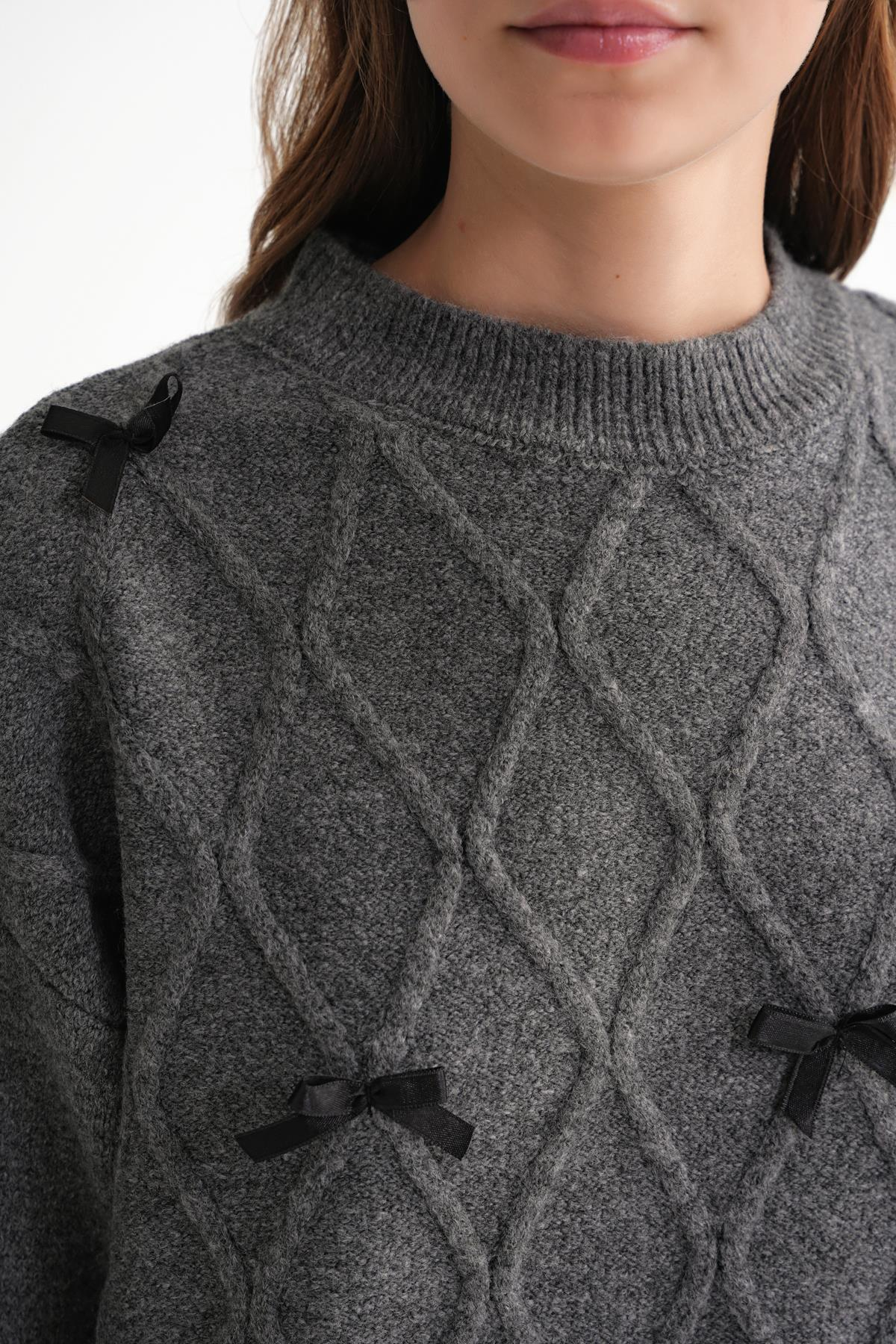 6946 Kadın Oversize Bisiklet Yaka Kurdeleli Triko Kazak Antrasit