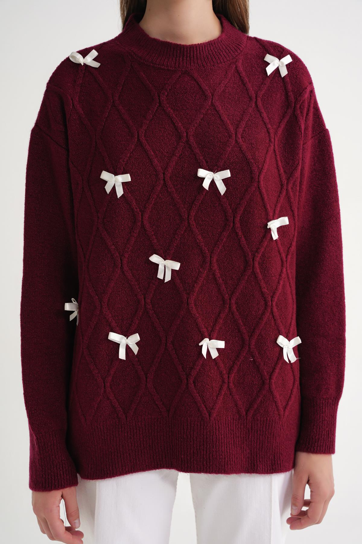 6946 Kadın Oversize Bisiklet Yaka Kurdeleli Triko Kazak Bordo