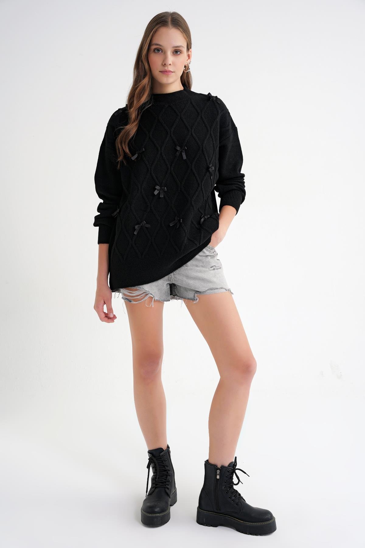 6946 Kadın Oversize Bisiklet Yaka Kurdeleli Triko Kazak Siyah