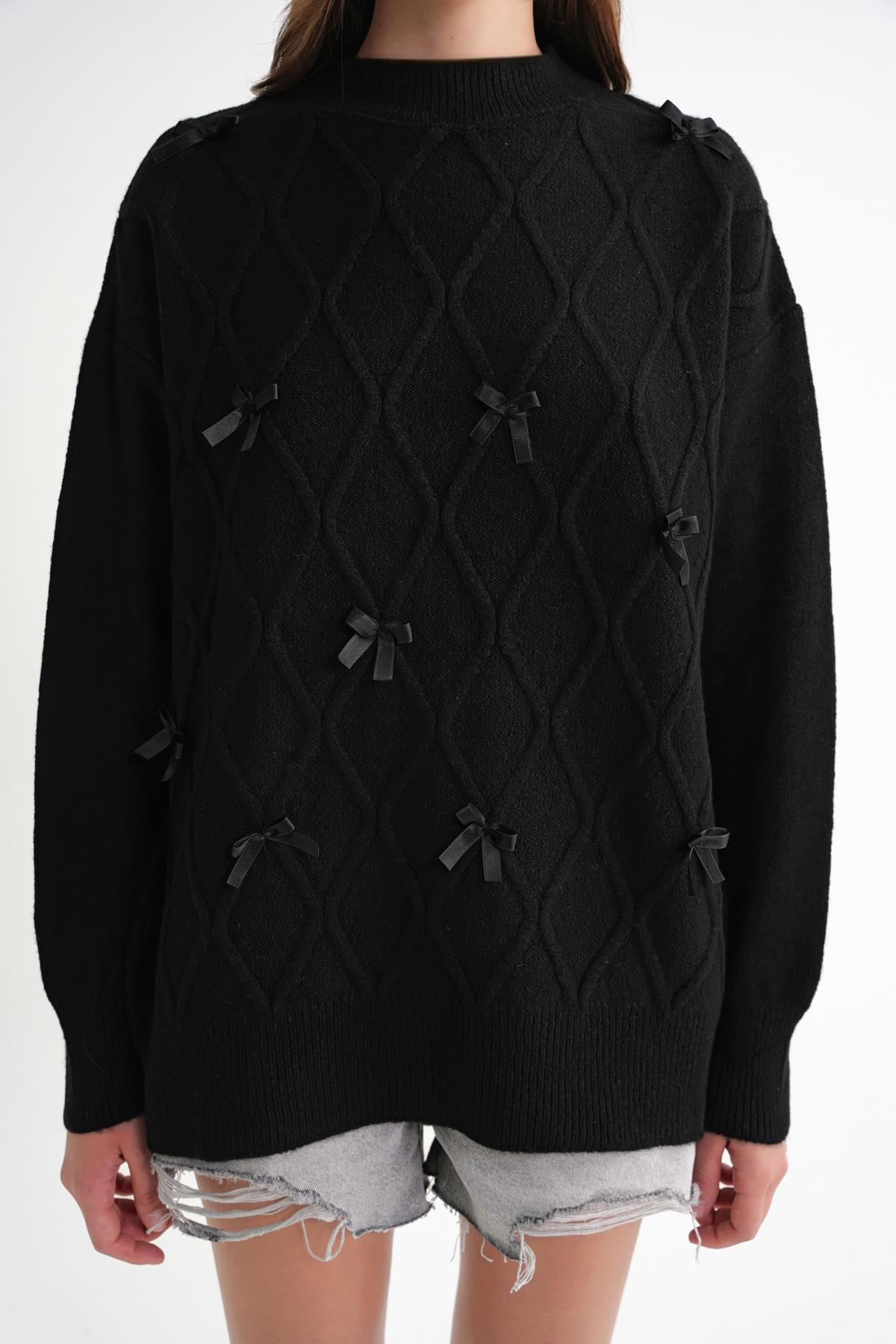 6946 Kadın Oversize Bisiklet Yaka Kurdeleli Triko Kazak Siyah