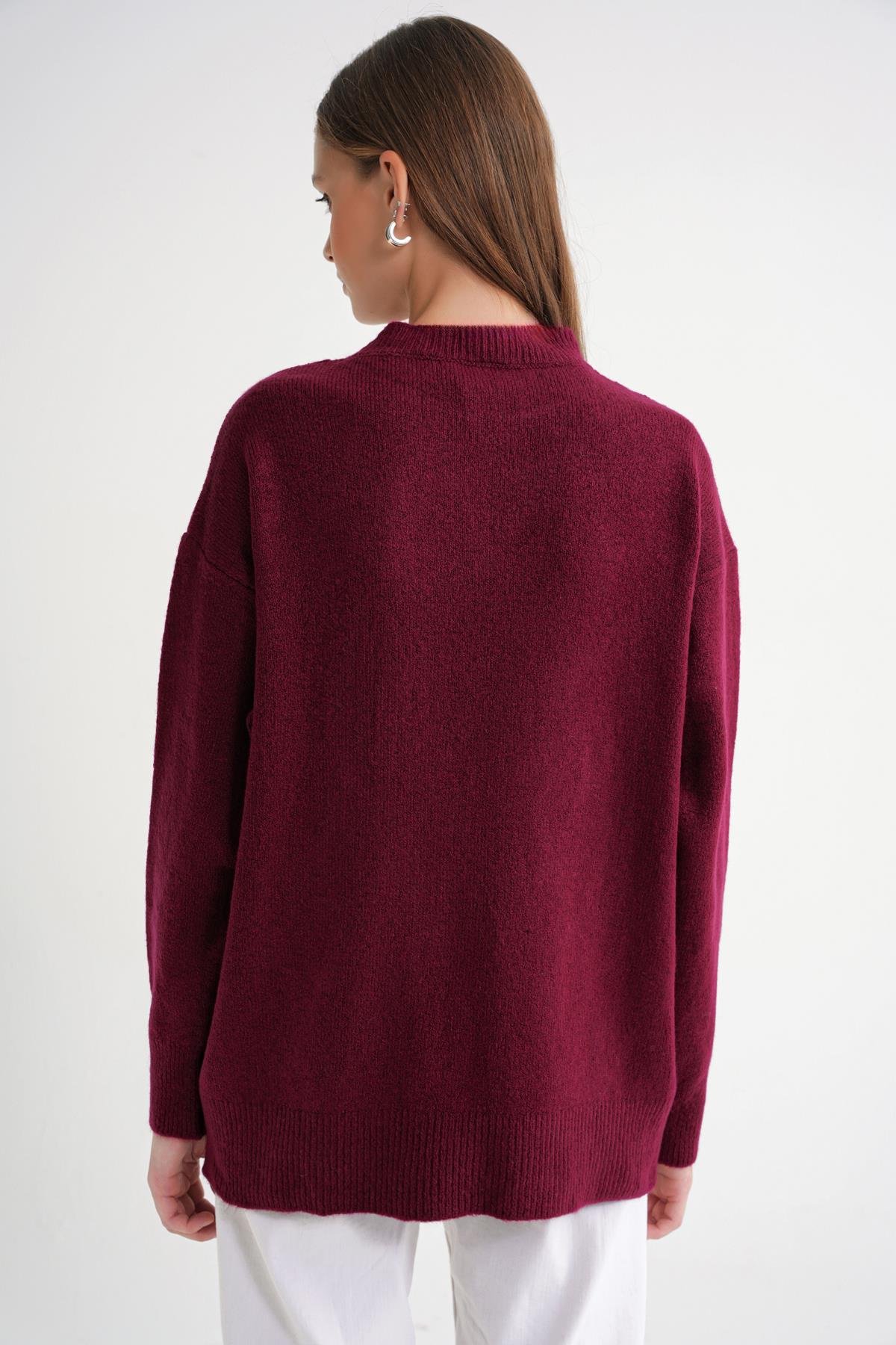 6946 Kadın Oversize Bisiklet Yaka Kurdeleli Triko Kazak Bordo